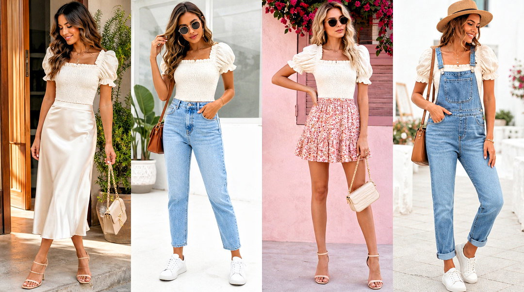 25 Shirred Puff Sleeve Top Outfit Ideas for Romantic Style