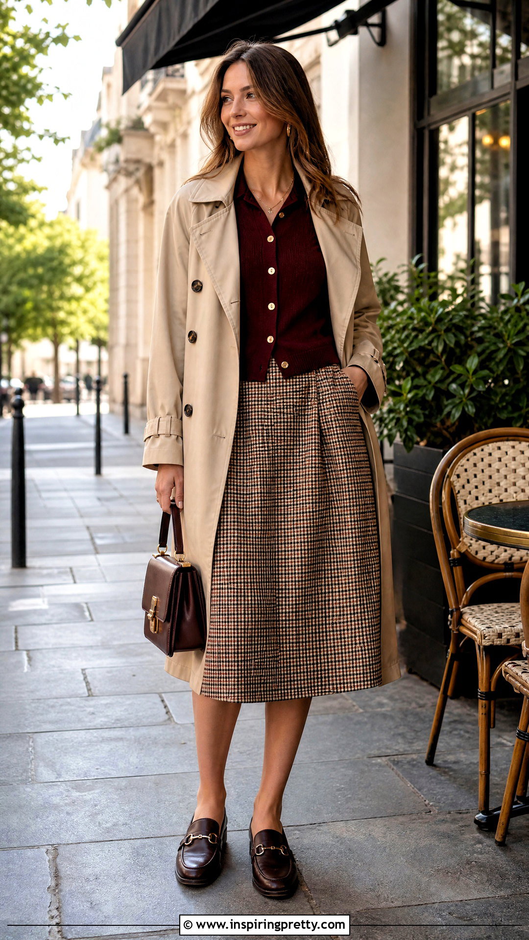 Short Cardigan With Checked Midi Skirt - 50 skirt with top outfit ideas