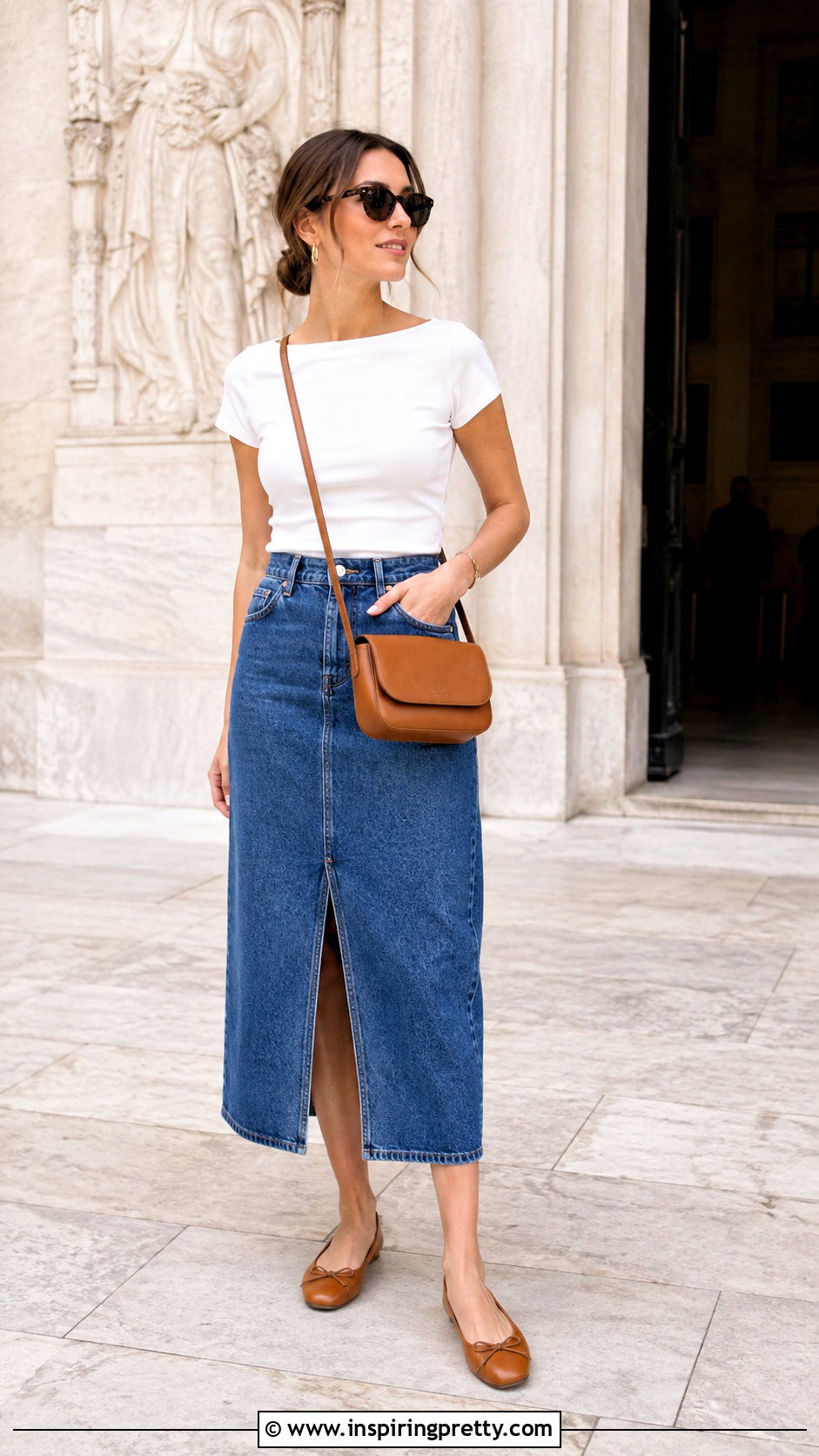 Short Sleeve Boat Neck Top With Denim Midi Skirt - 25 Short Sleeve Boat Neck Top outfit ideas