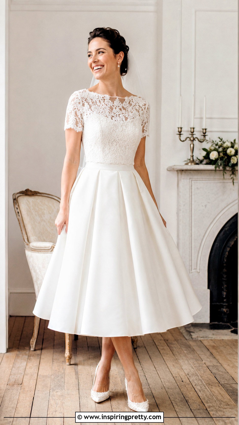 Short Sleeve Lace Top With Tea Length Skirt - 20 Bridal Lace Top Separate outfit ideas