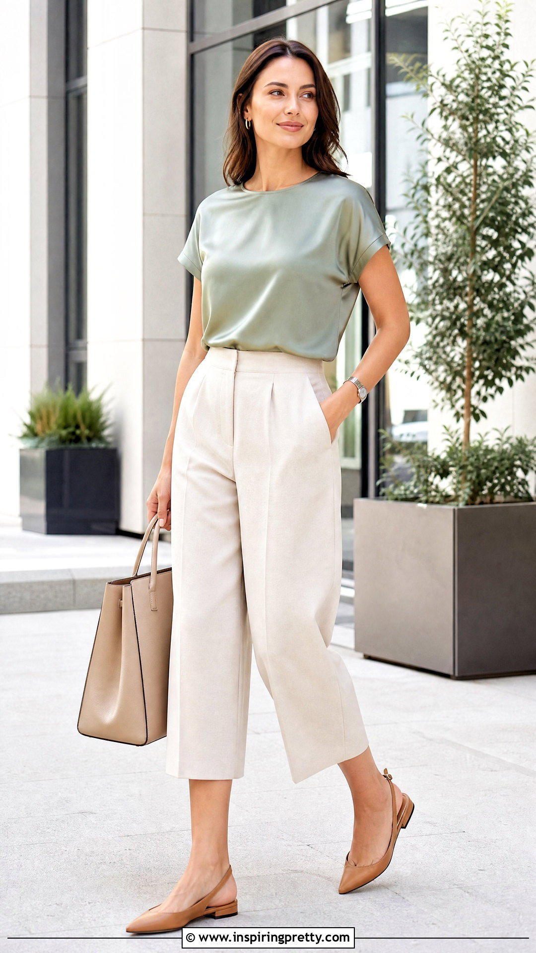 Short Sleeve Satin Work Top With Culottes - 25 satin work top outfit ideas