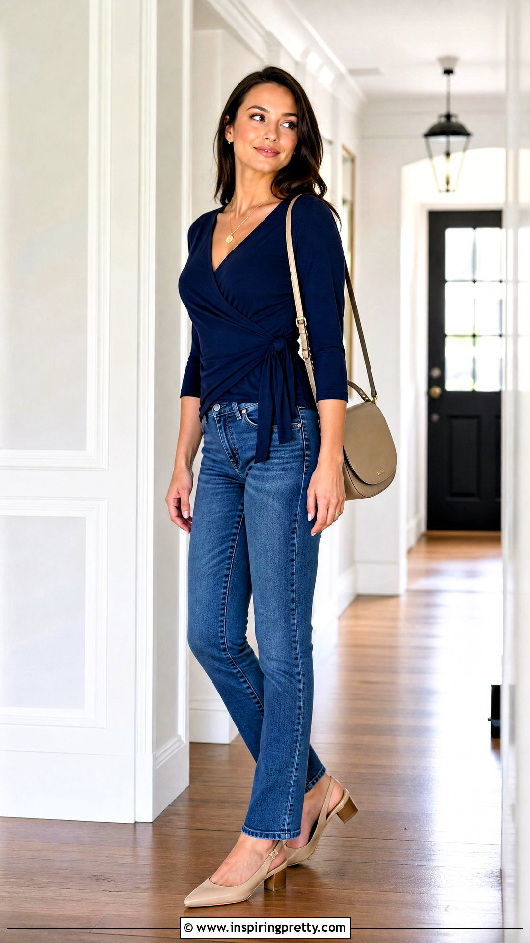 Shoulder Glance Pose With Wrap Top And Slim Straight Jeans - 50 Photo Poses In Jeans Tops