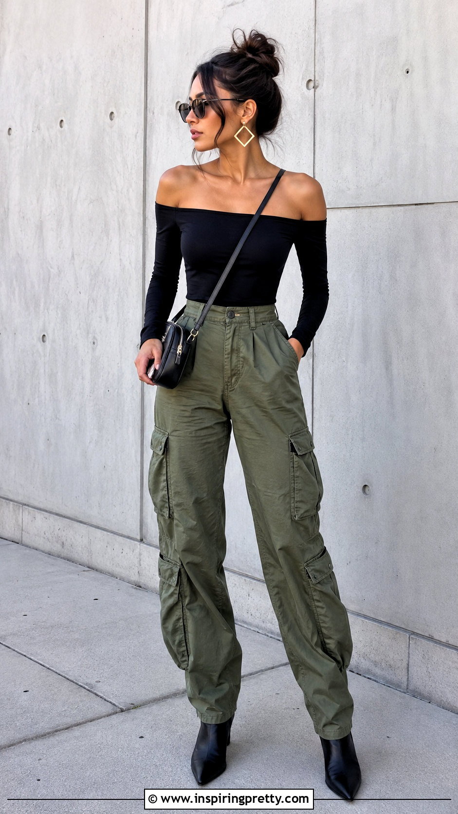 Shoulderless Bodysuit With Cargo Pants - 50 shoulderless top outfit ideas