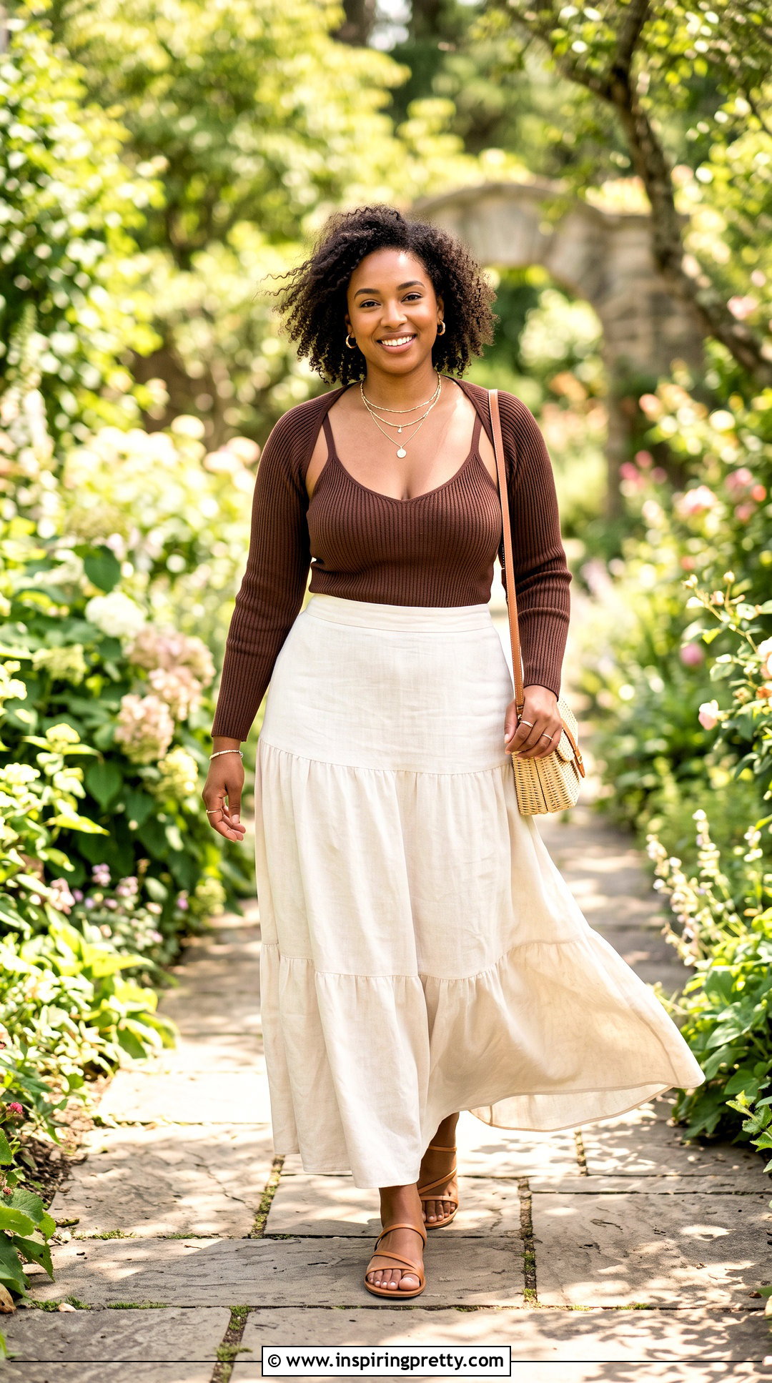 Shrug Top Over Camisole With Maxi Skirt Outfit - 20 Multi Layered Tops outfit ideas
