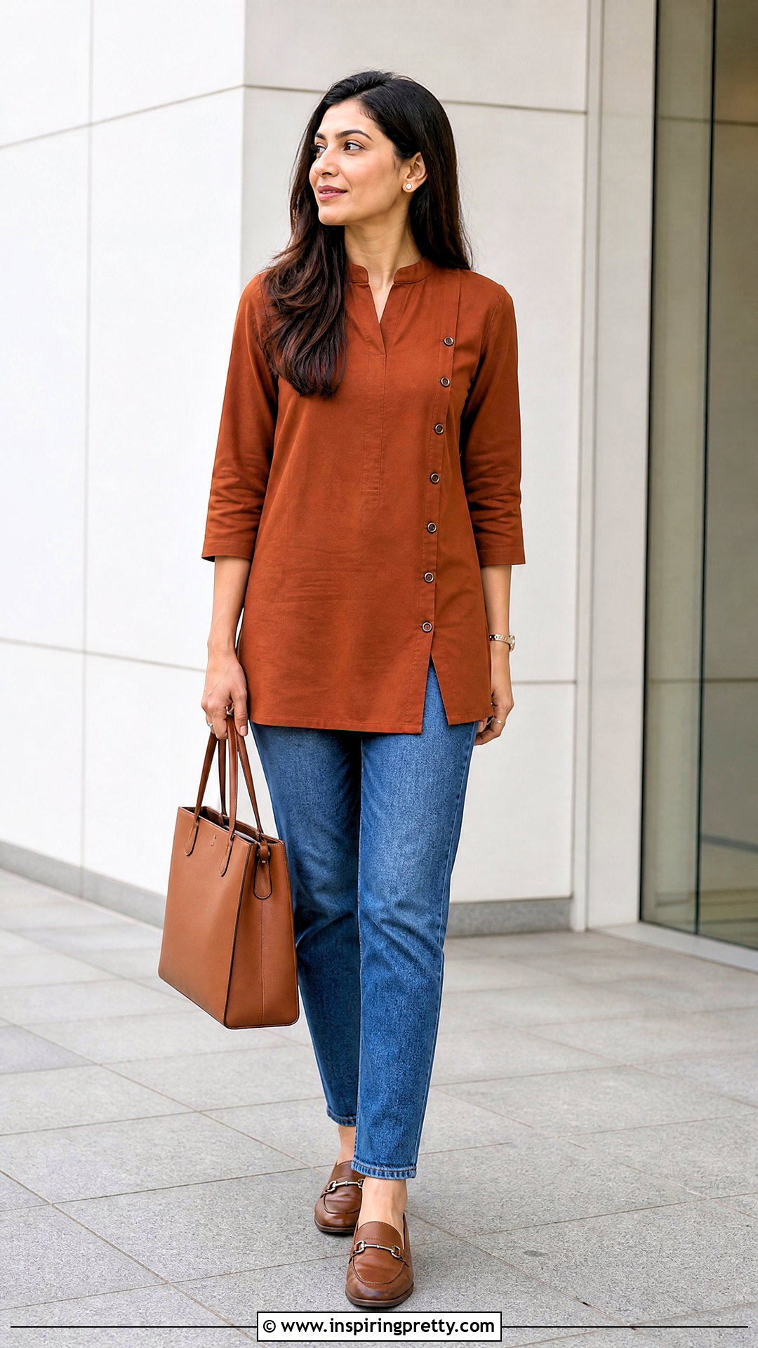 Side Button Long Top With Straight Jeans - 50 long tops designs