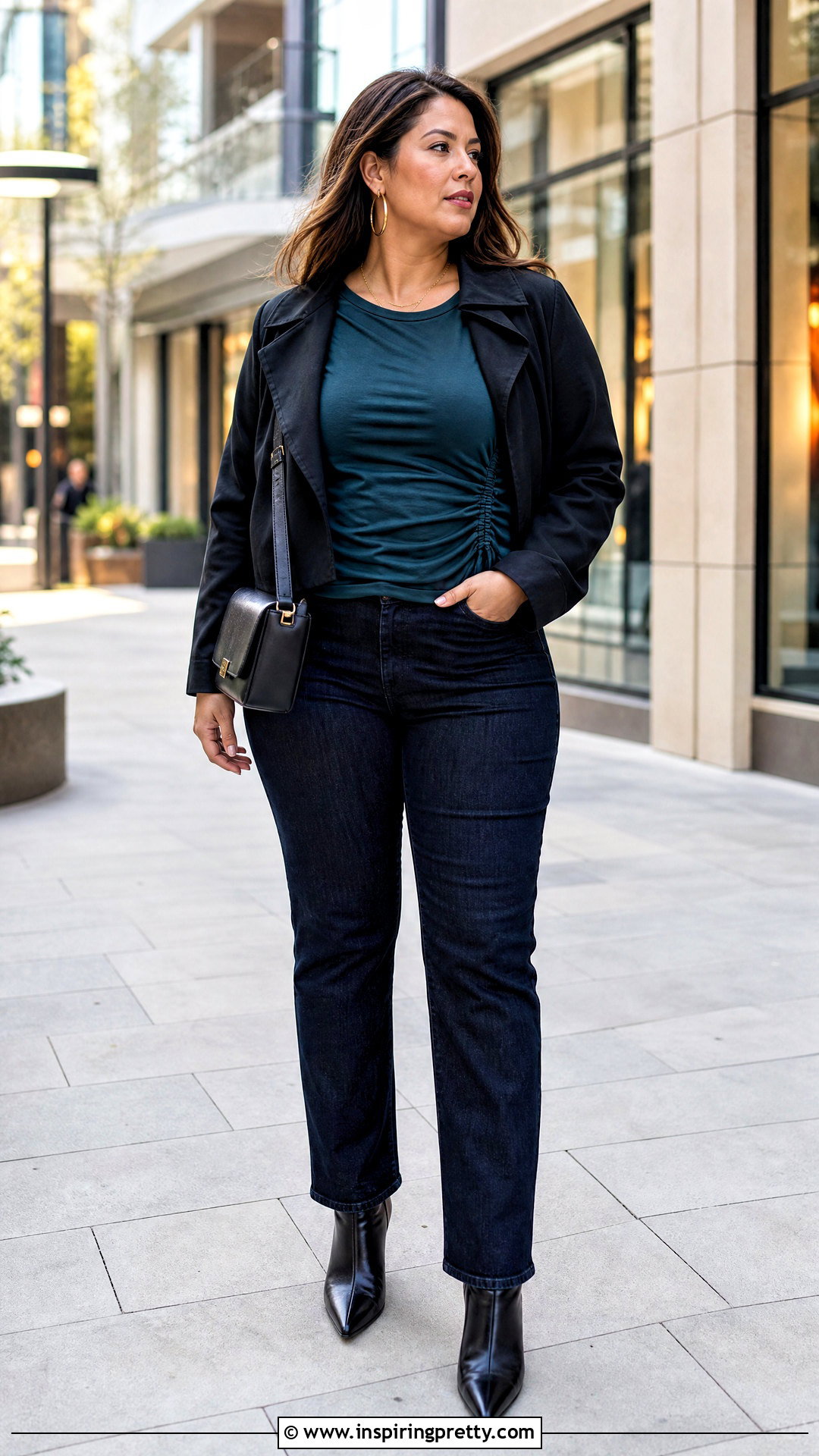 Side Ruched Top With Dark Jeans - 25 Belly Hiding Tops outfit ideas
