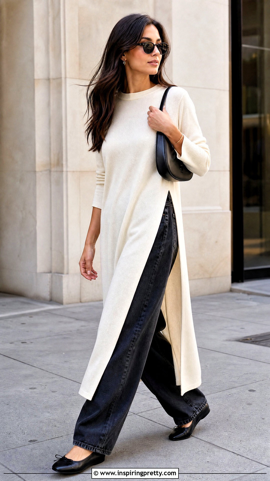 Side Slit Extra Long Tunic Top With Barrel Jeans - 20 extra long tunic tops outfit ideas