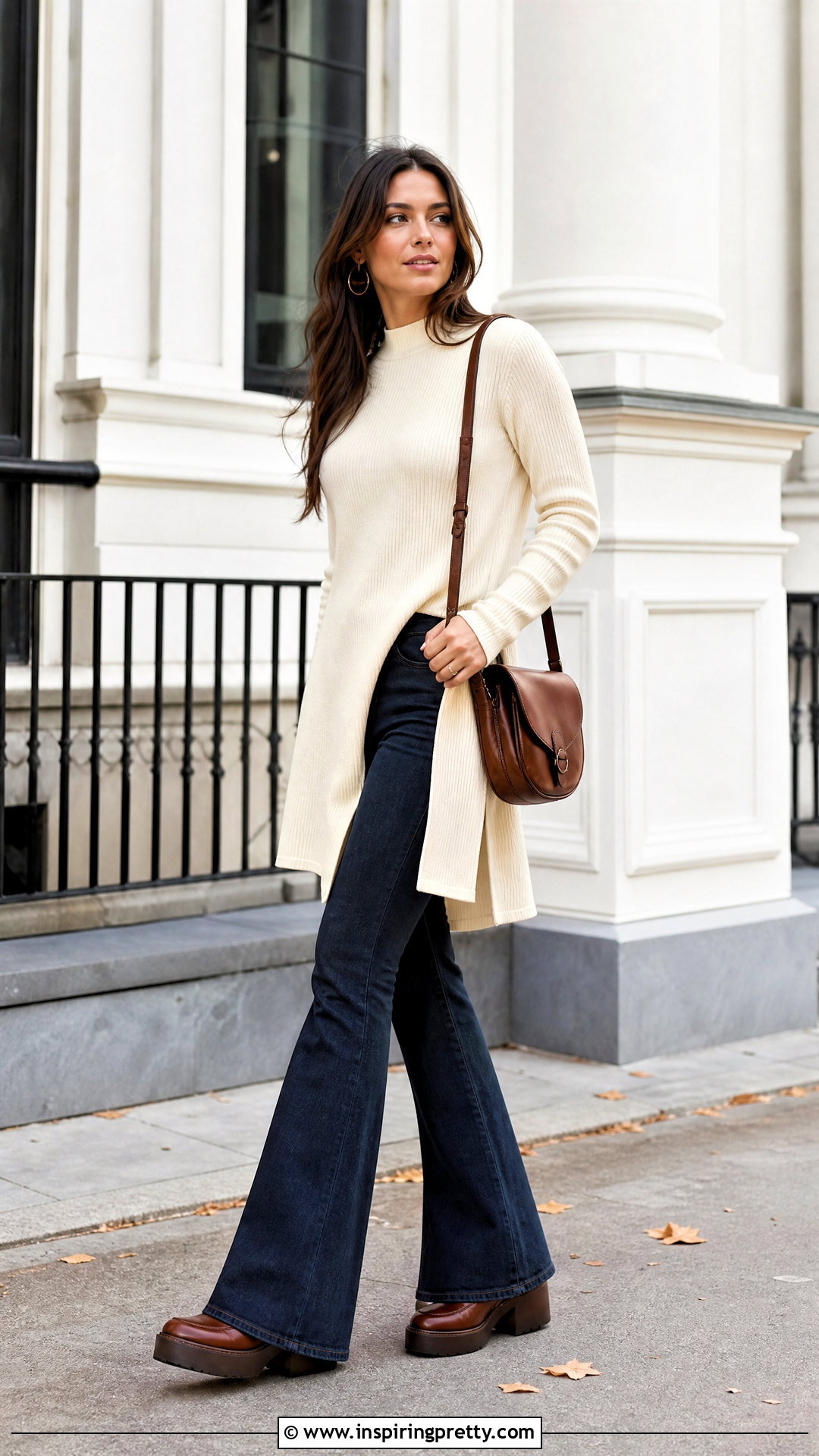Side Slit Tunic With Flare Jeans And Platform Shoes - 20 pants to wear with tunic tops outfit ideas