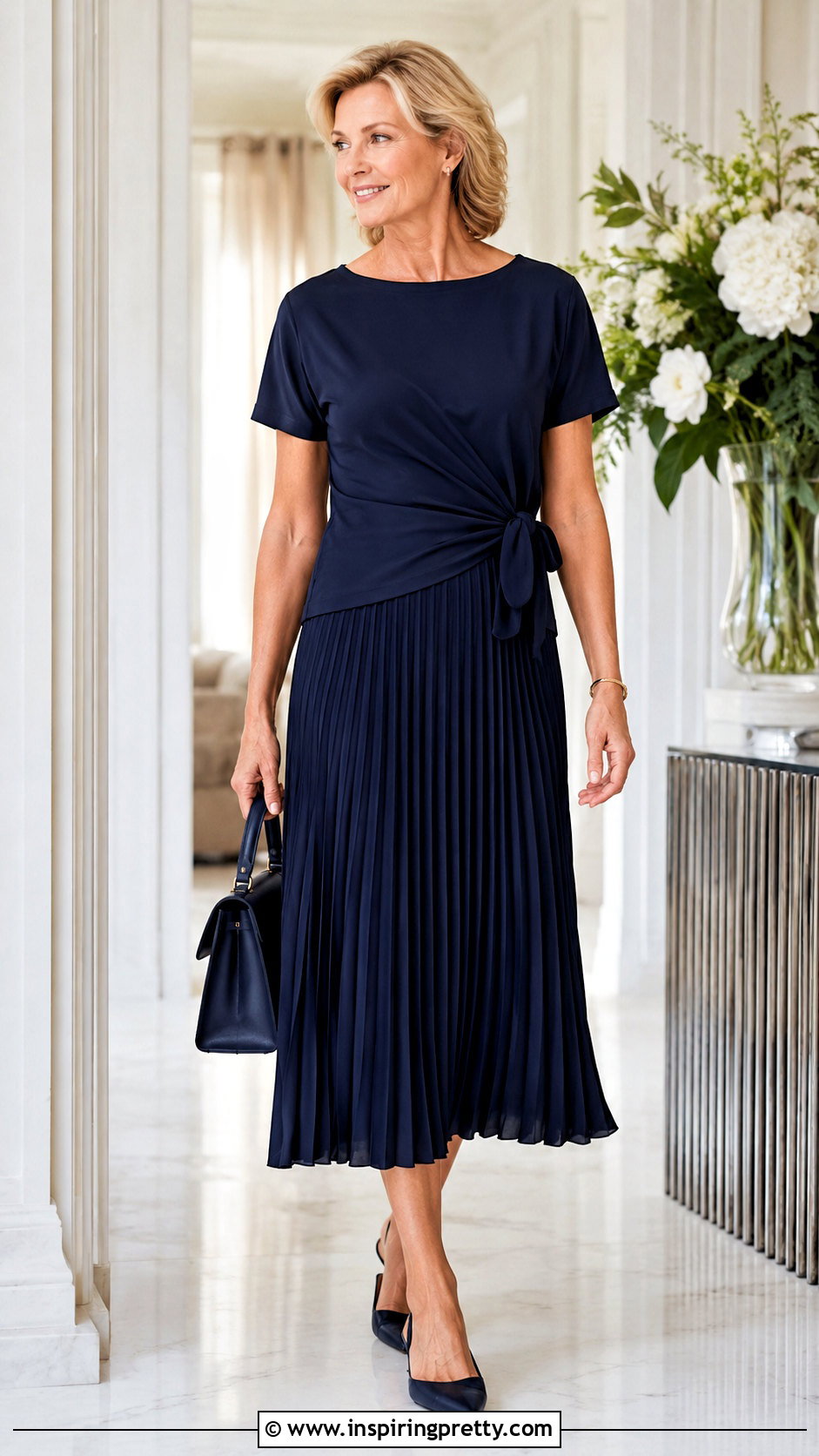 Side Tie Top With Pleated Midi Skirt - 50 side tie top outfit ideas
