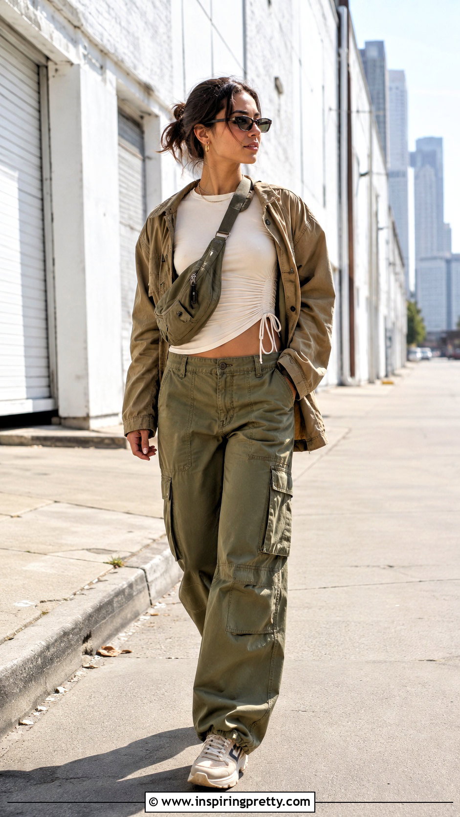 Side Tie Top With Utility Jacket And Cargo Pants - 50 side tie top outfit ideas