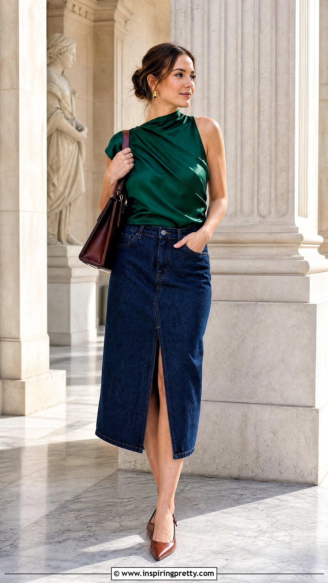 Silk Asymmetrical Top With Denim Midi Skirt - 25 Silk Asymmetrical Top outfit ideas