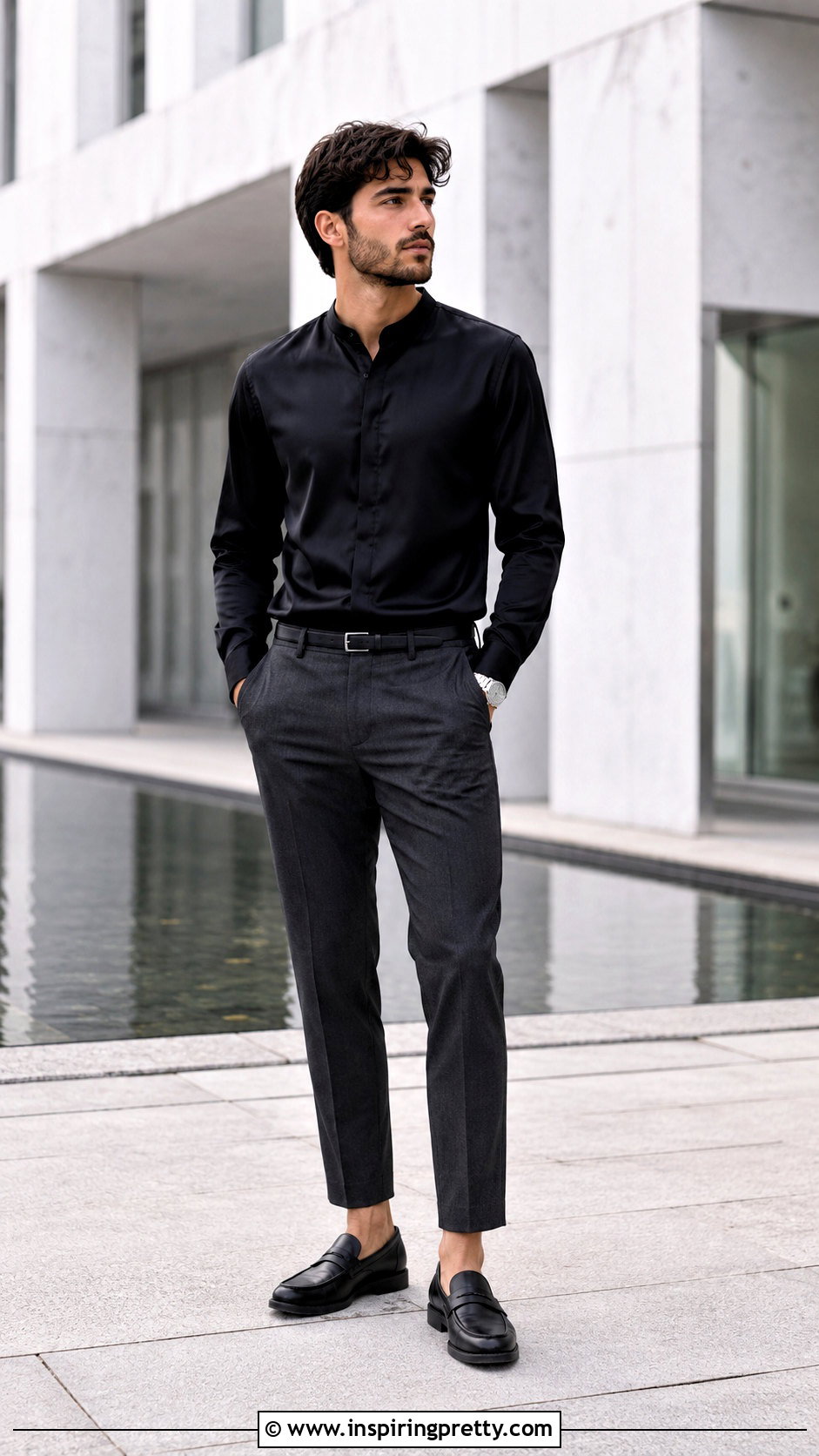 Silk Band Collar Shirt With Cropped Trousers - 25 mens silk tops