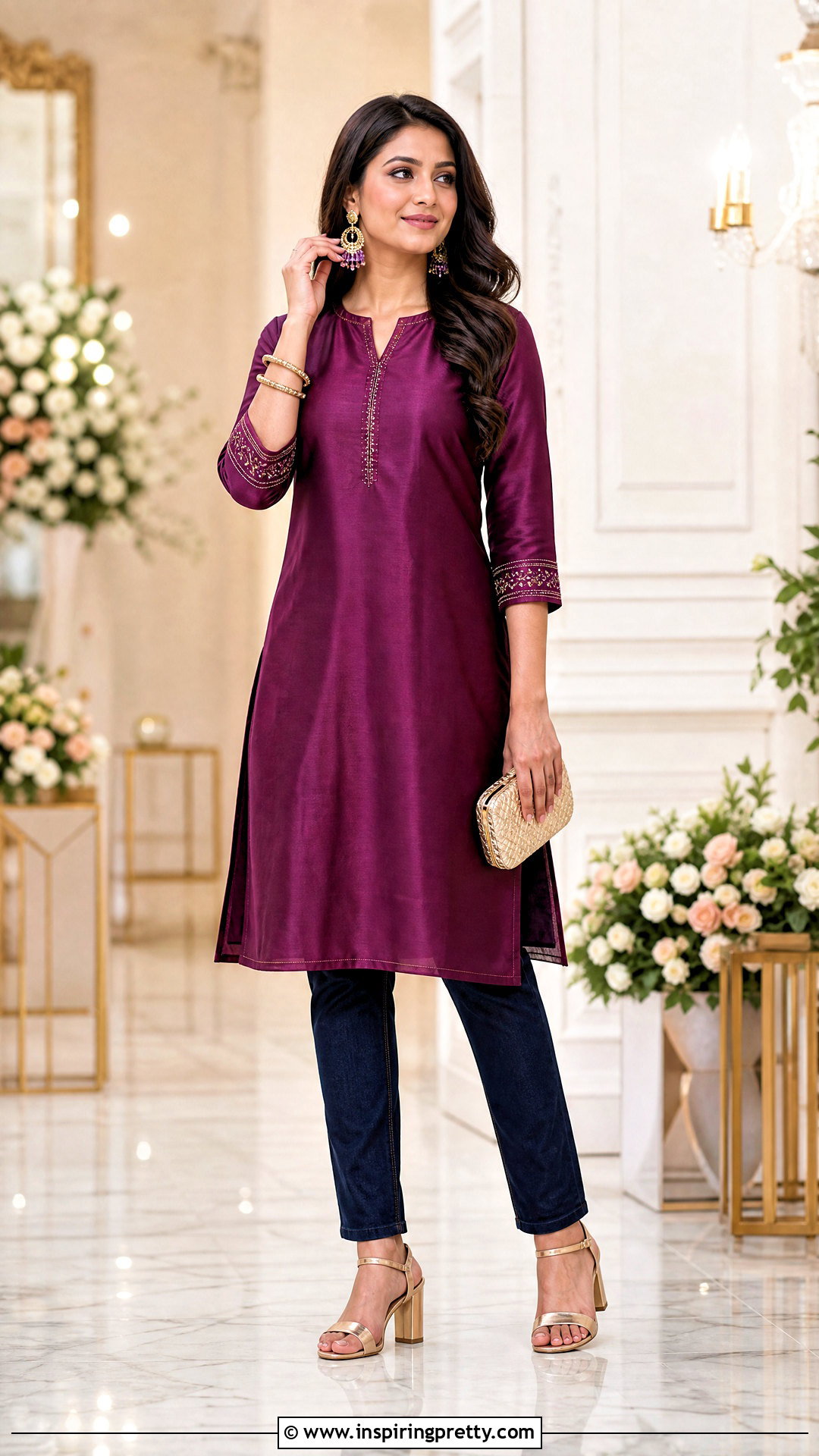 Silk Blend Kurti With Dark Jeans - 50 kurti tops for jeans