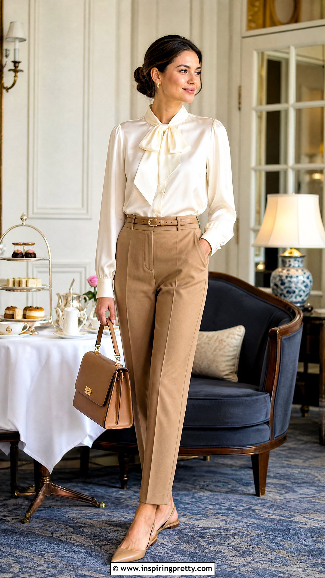 Silk Blouse And Tailored Trousers Tea Party Outfit - 25 tea party top outfit ideas