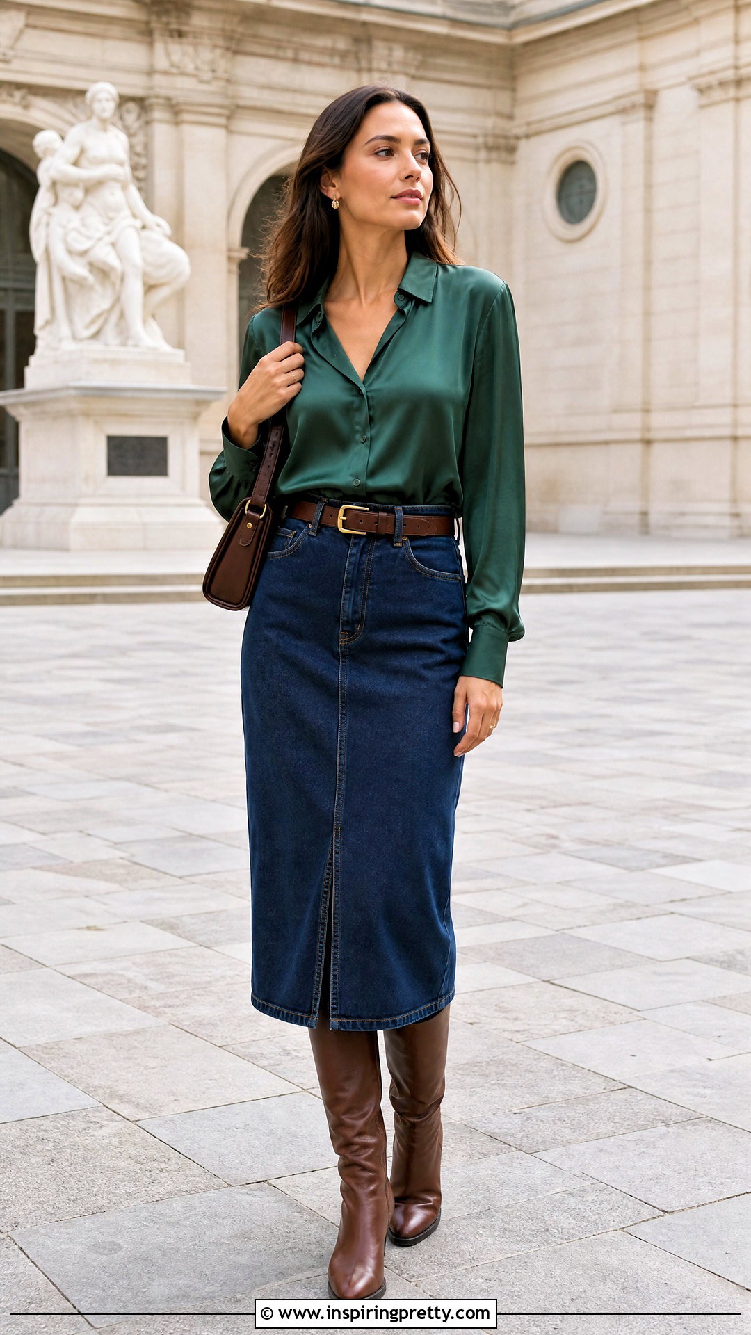 Silk Blouse With Denim Midi Skirt - 50 silk tops blouses