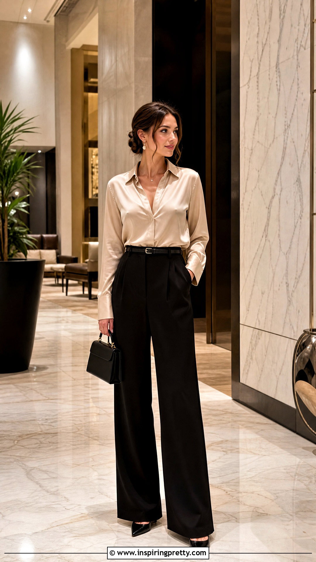 Silk Blouse With High Waisted Wide Leg Pants - 20 Tops To Wear With High Waisted Wide Leg Pants