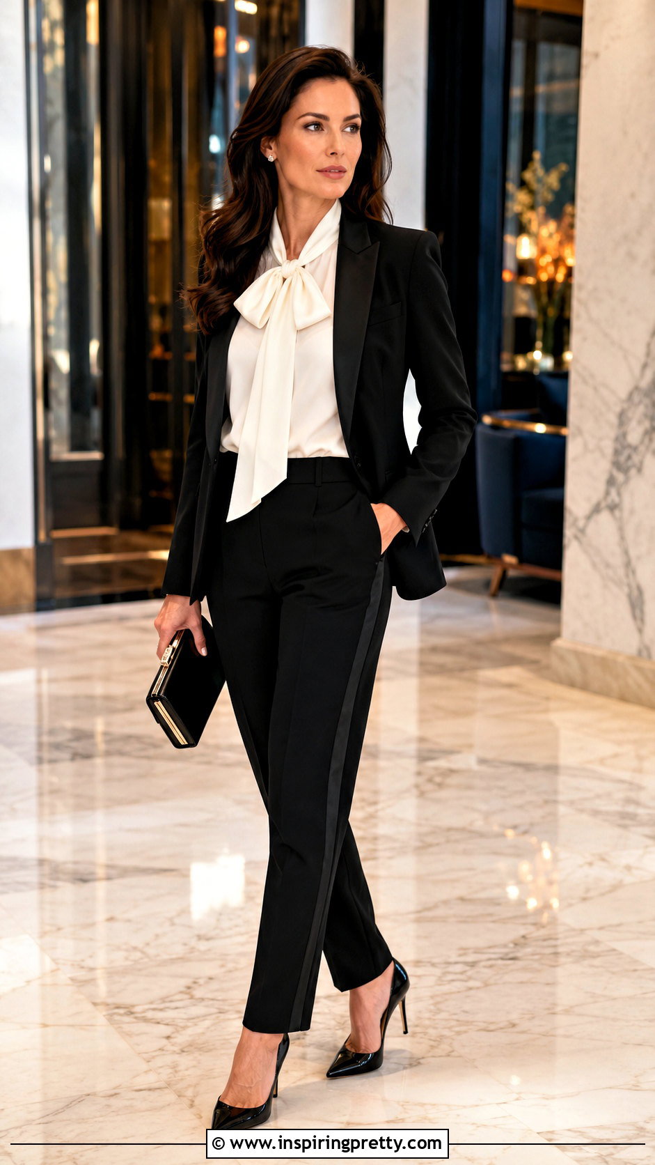 Silk Bow Neck Black Tie Top With Tuxedo Pants - 25 black tie tops for women