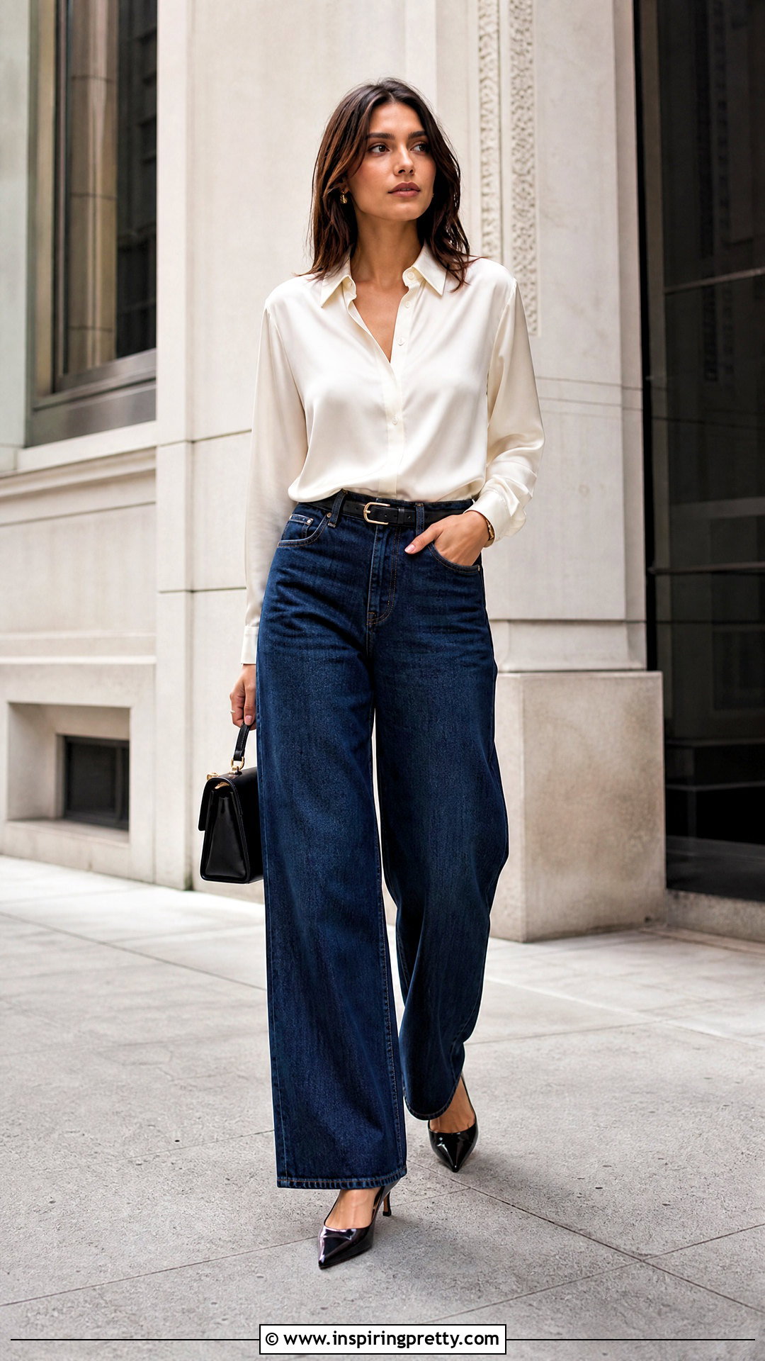 Silk Button Down With Wide Leg Jeans - 50 tops to wear with wide leg jeans