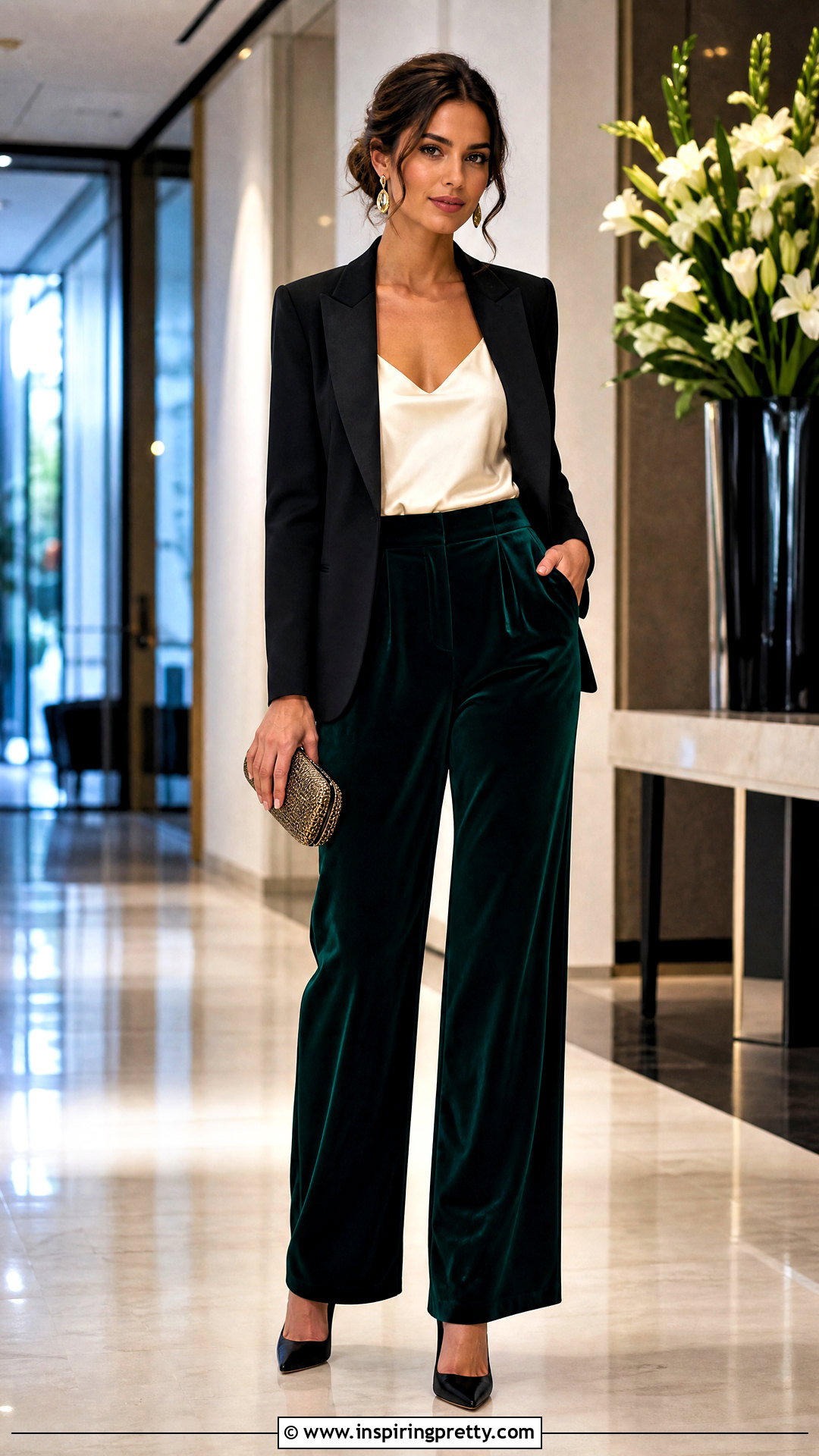 Silk Camisole And Blazer With Velvet Pants - what top to wear with velvet pants (20 ways)