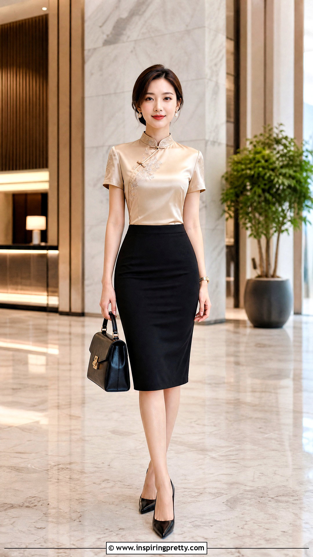 Silk Chinese Top With Black Pencil Skirt - 50 chinese top outfit ideas