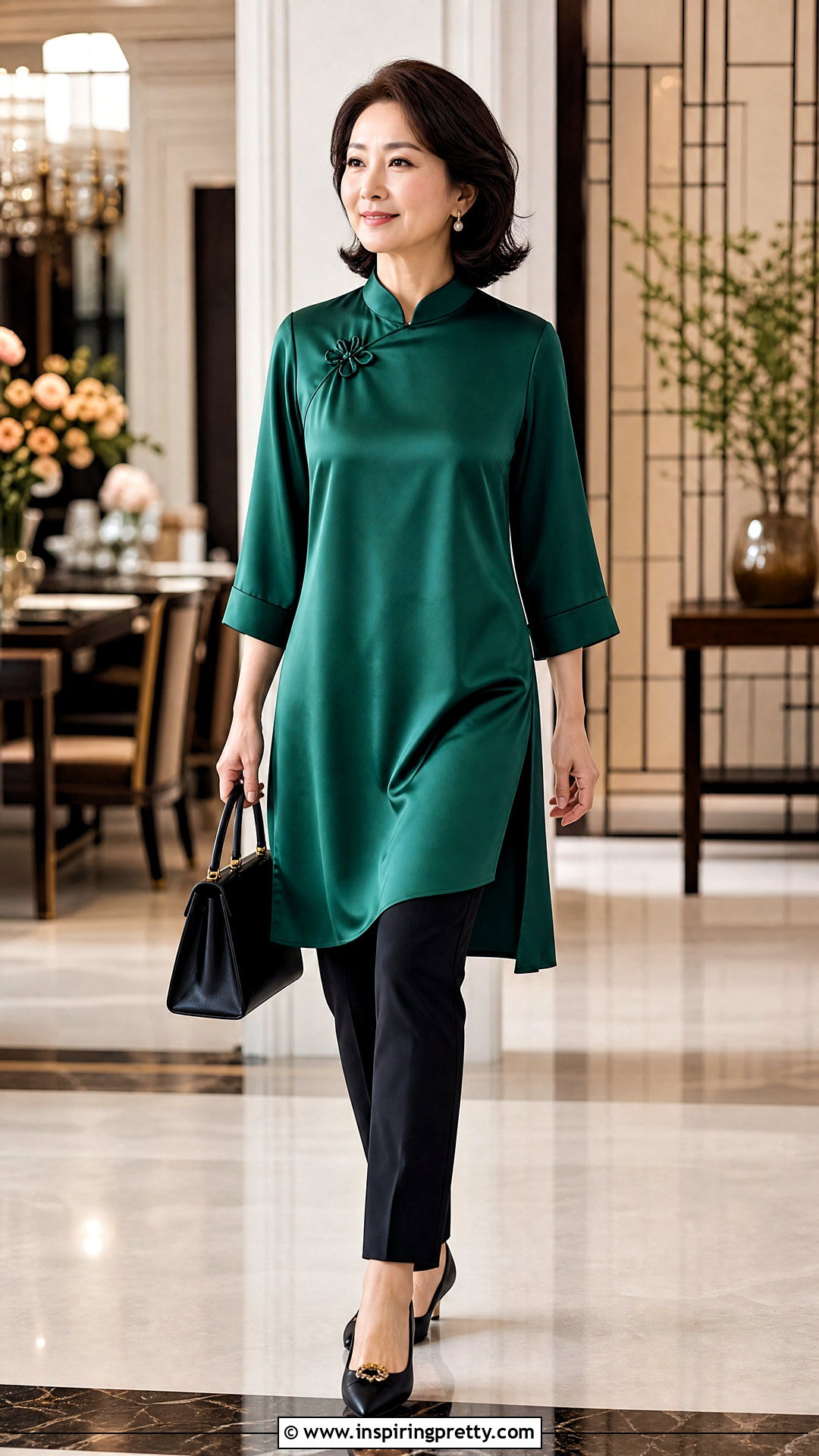 Silk Chinese Tunic With Slim Trousers - 50 chinese top outfit ideas