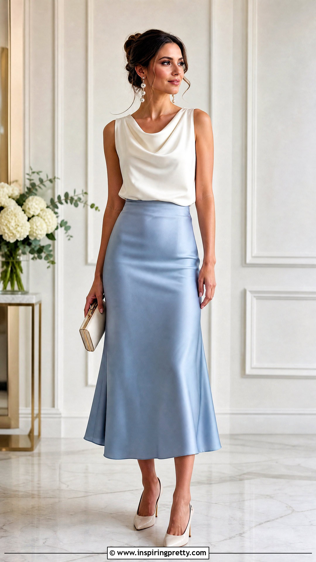Silk Cowl Neck Top With Satin Midi Skirt - 50 cowl neck top outfit ideas