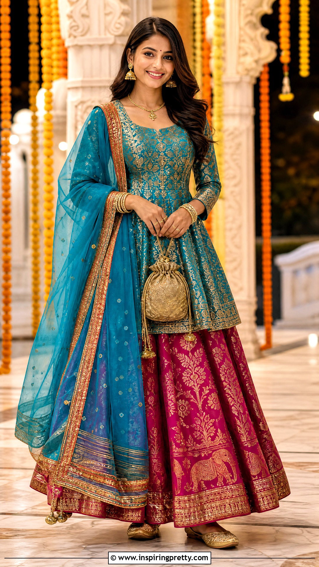 Silk Kediyu With Brocade Skirt - 50 Kediyu Top For Navratri outfit ideas