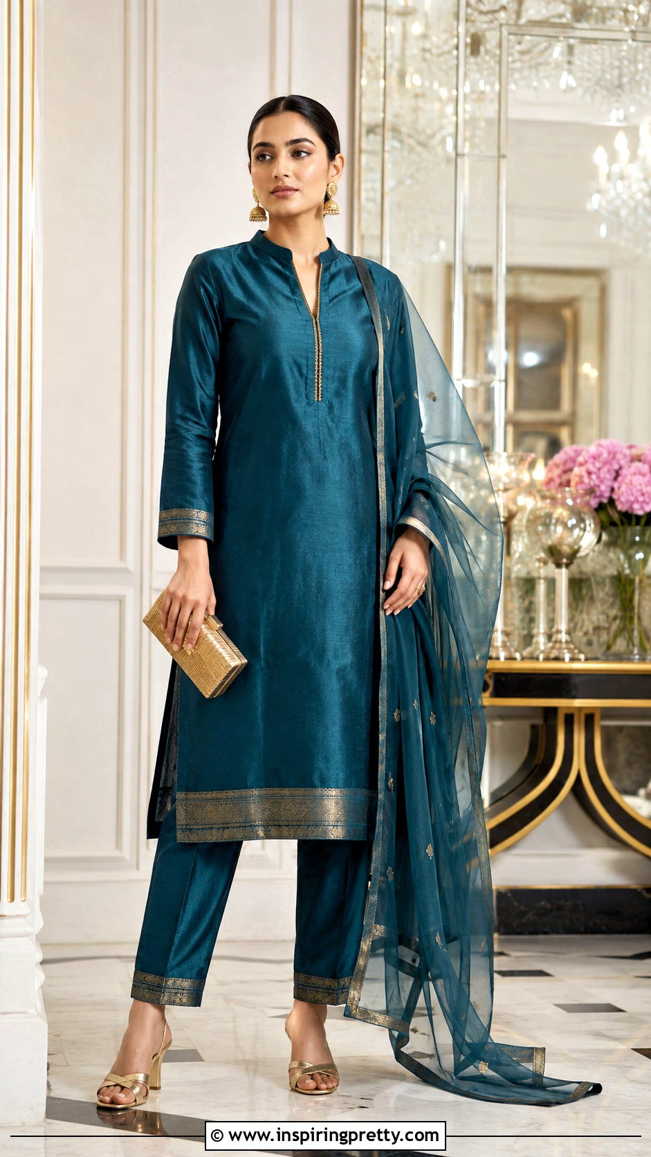 Silk Kurti Top With Zari Trousers - 50 kurti top designs for women