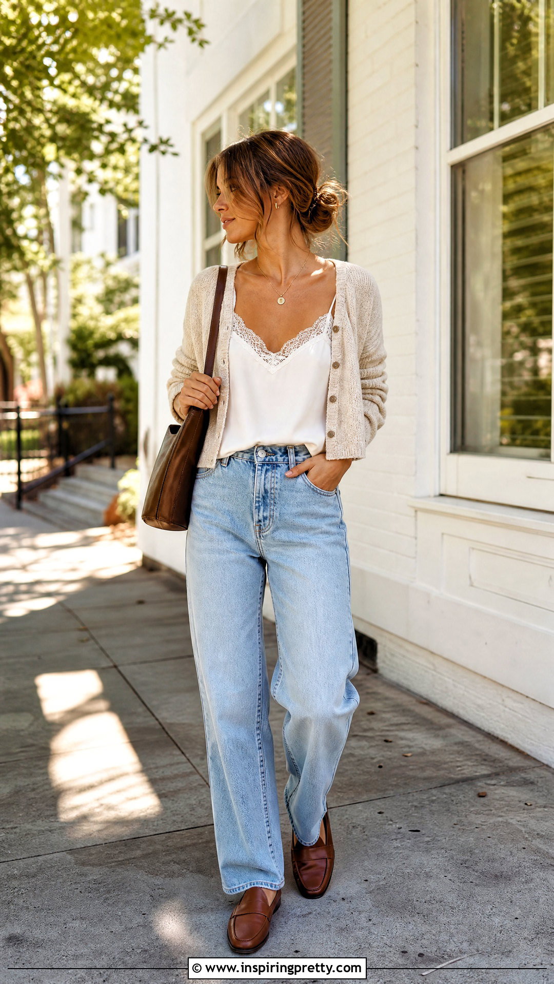 Silk Lace Cami Top With Cardigan And Jeans - 20 silk cami top with lace outfit ideas