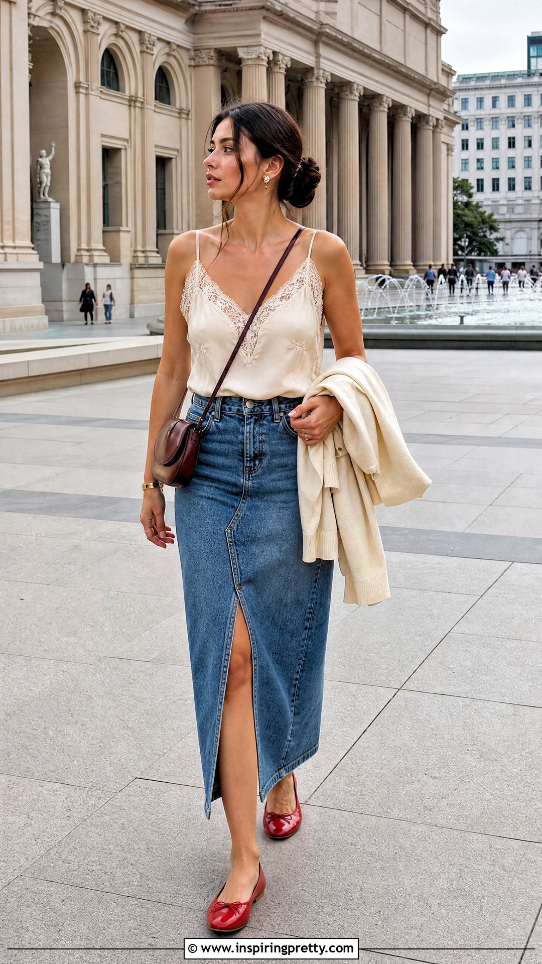 Silk Lace Cami Top With Denim Midi Skirt - 20 silk cami top with lace outfit ideas