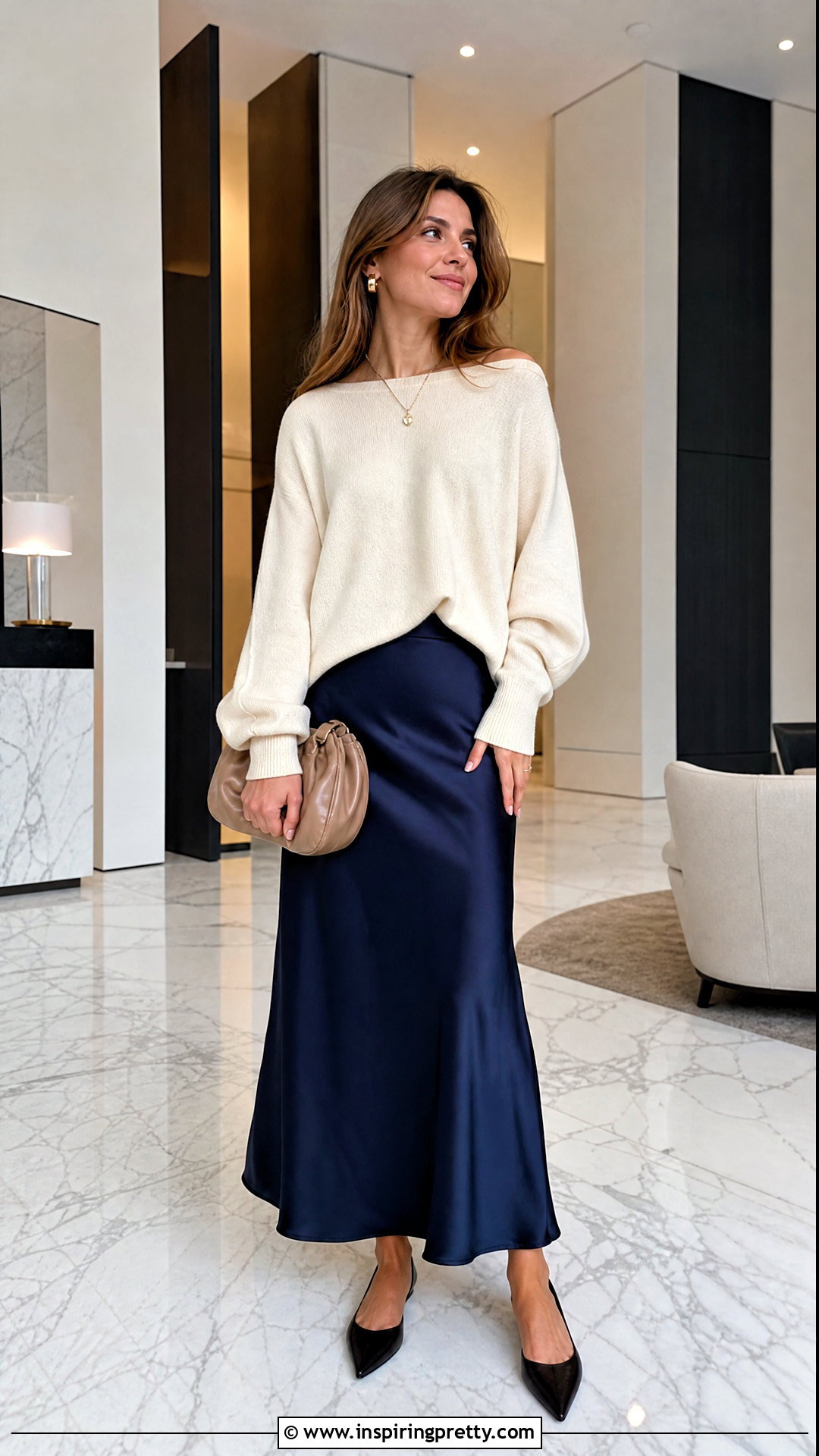 Silk Long Skirt With Oversized Sweater - 50 long skirt and top outfit ideas