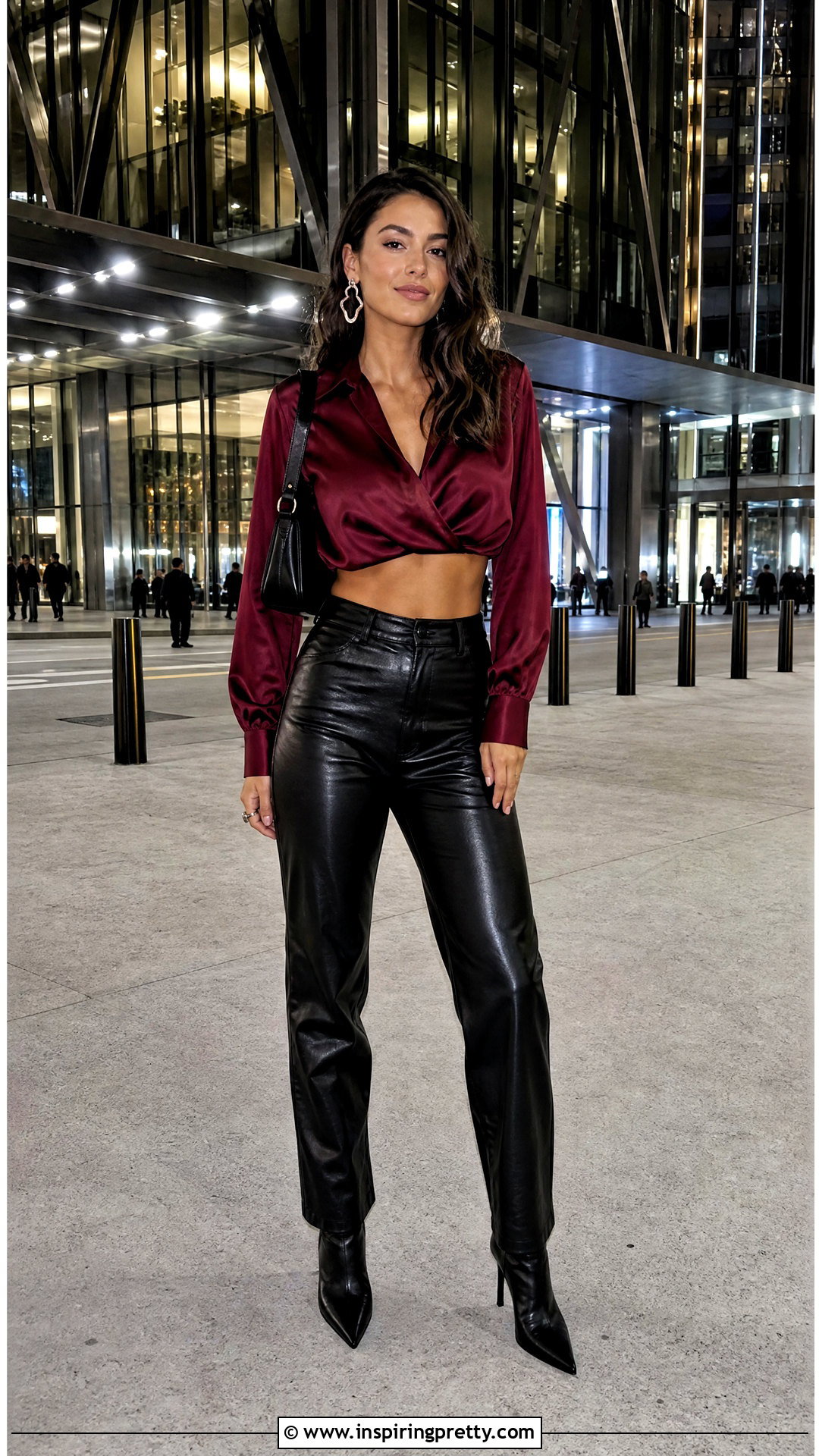 Silk Long Sleeve Crop Top With Black Leather Pants - 20 silk long sleeve crop top outfit ideas