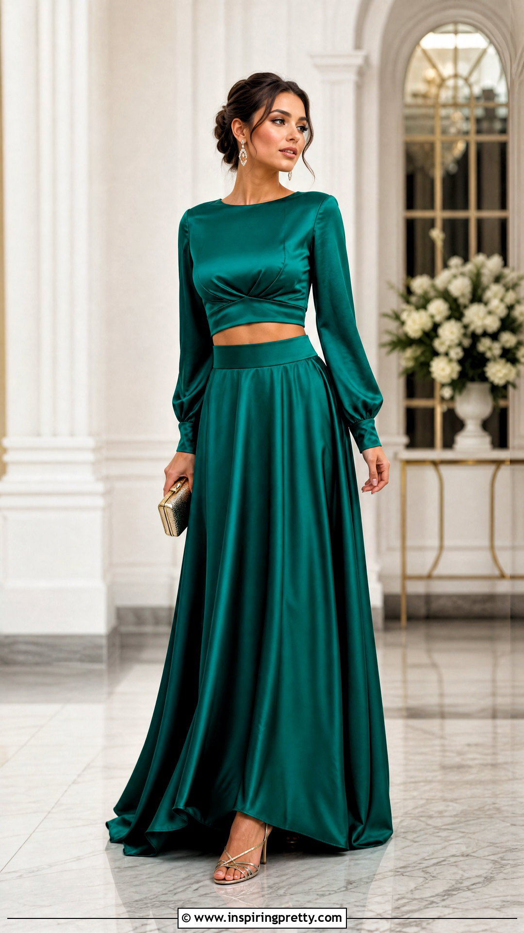 Silk Long Sleeve Crop Top With Matching Maxi Skirt - 20 silk long sleeve crop top outfit ideas