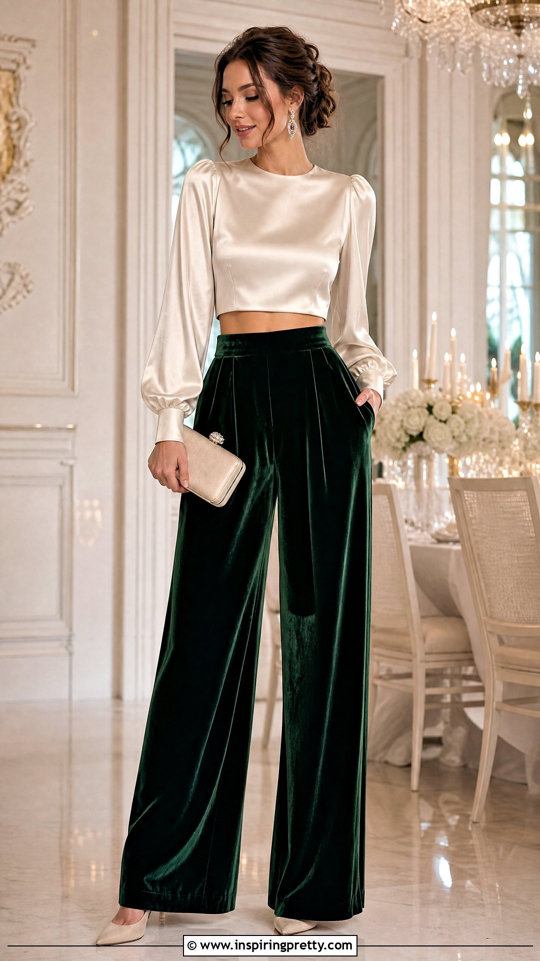 Silk Long Sleeve Crop Top With Velvet Pants - 20 silk long sleeve crop top outfit ideas