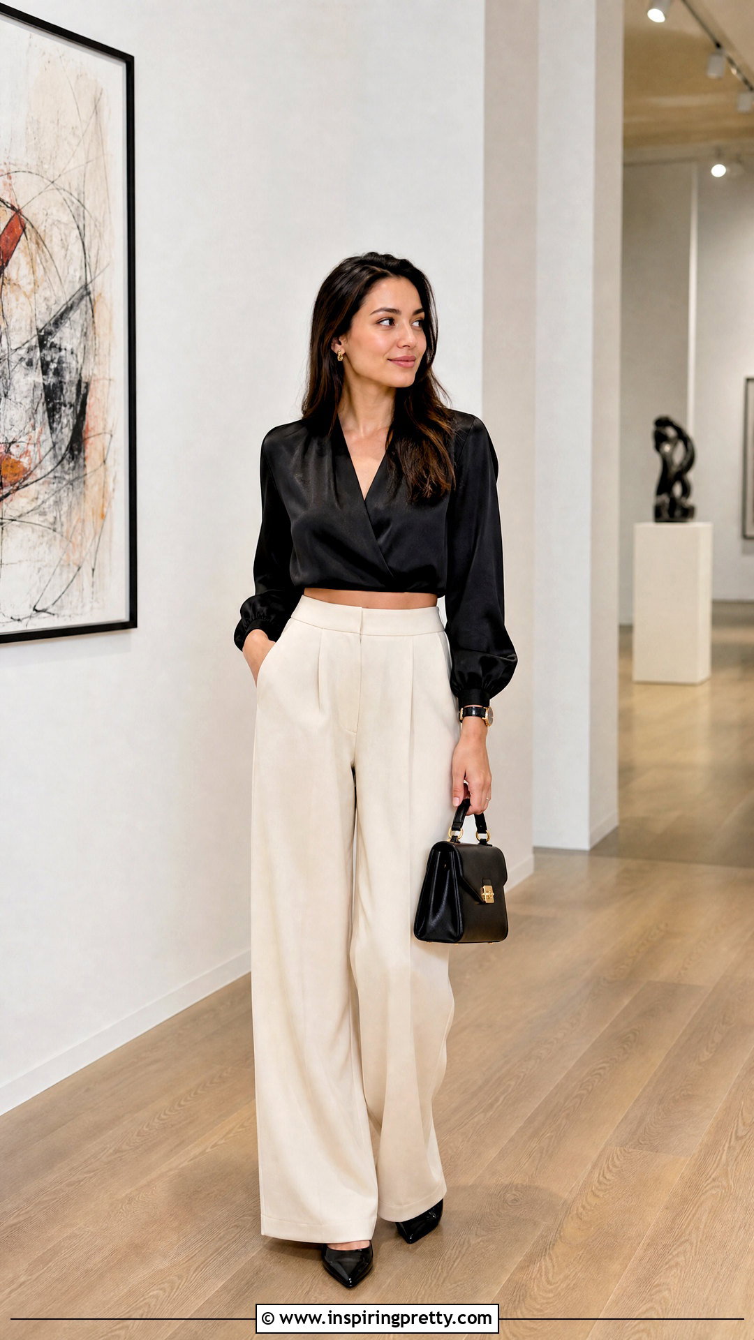 Silk Long Sleeve Crop Top With Wide Leg Trousers - 20 silk long sleeve crop top outfit ideas