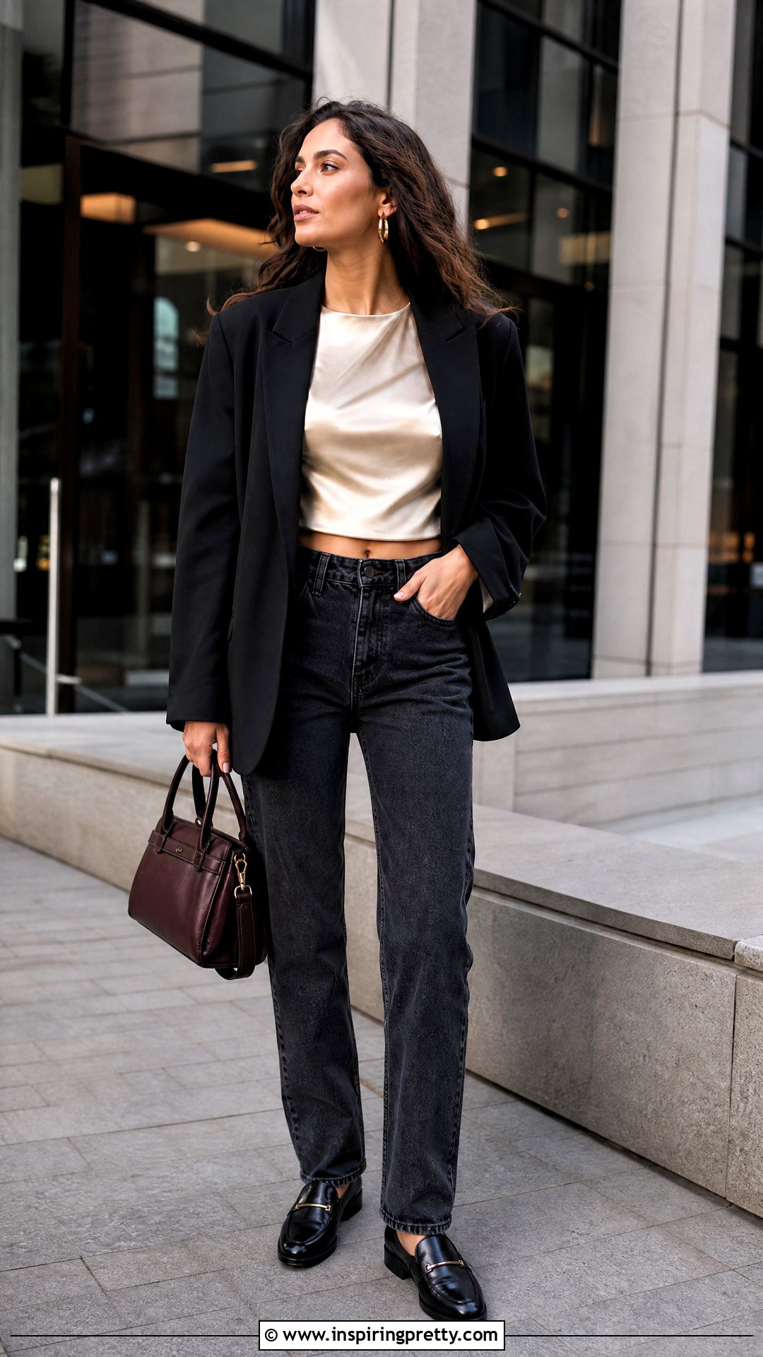 Silk Long Sleeve Crop Top With a Blazer and Jeans - 20 silk long sleeve crop top outfit ideas
