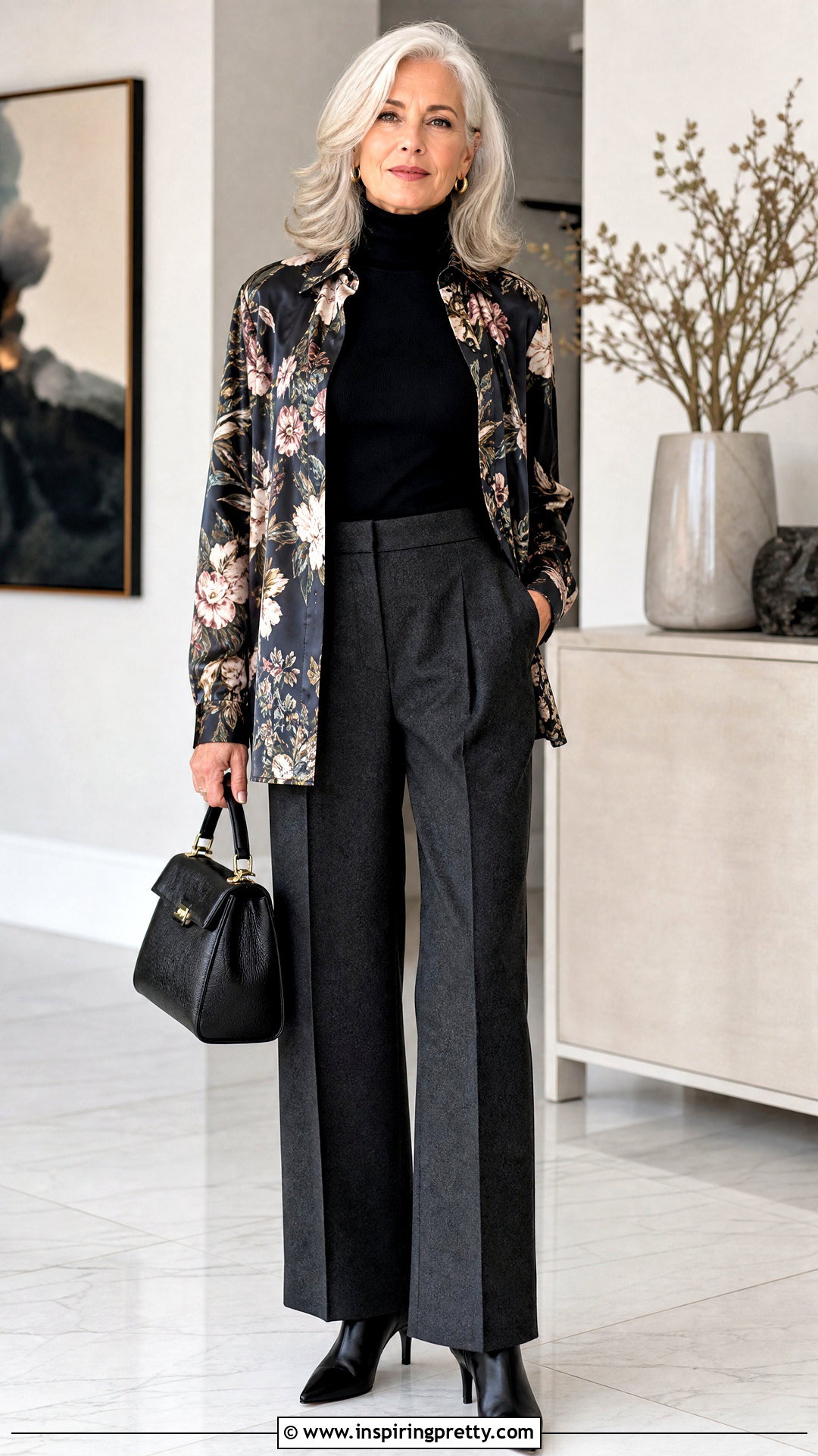 Silk Pyjama Top With Turtleneck And Wool Trousers - 25 silk pyjama top outfit ideas