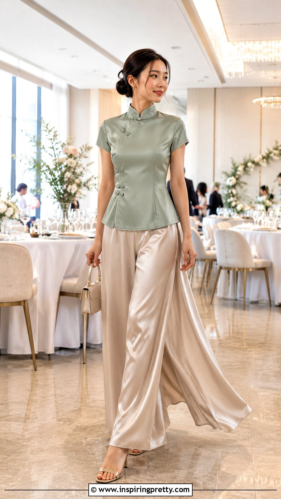 Silk Qipao Top With Palazzo Pants - 50 qipao top outfit ideas