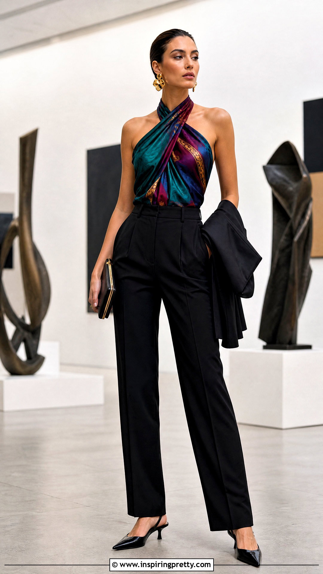 Silk Scarf Top With Black Tailored Trousers - 50 Silk Scarf Top outfit ideas