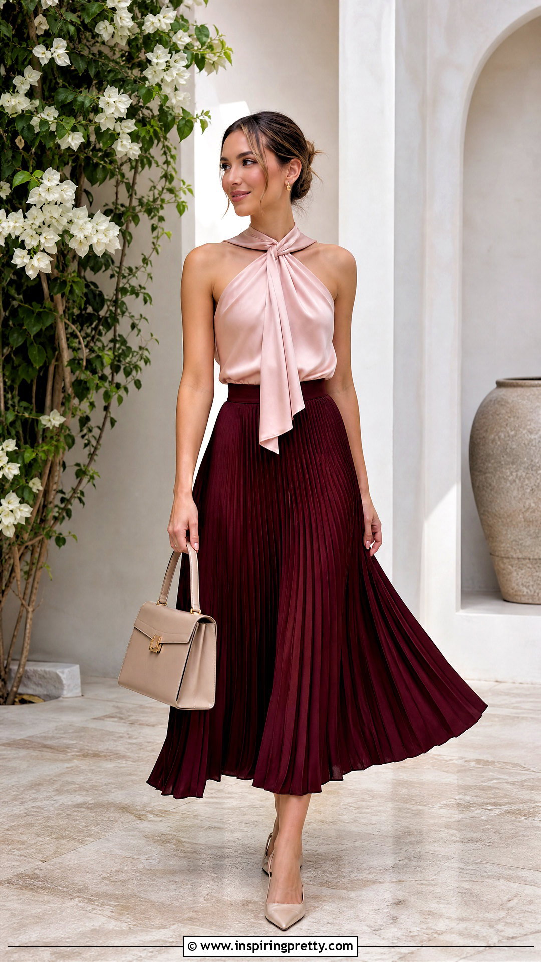Silk Scarf Top With Pleated Midi Skirt - 50 Silk Scarf Top outfit ideas
