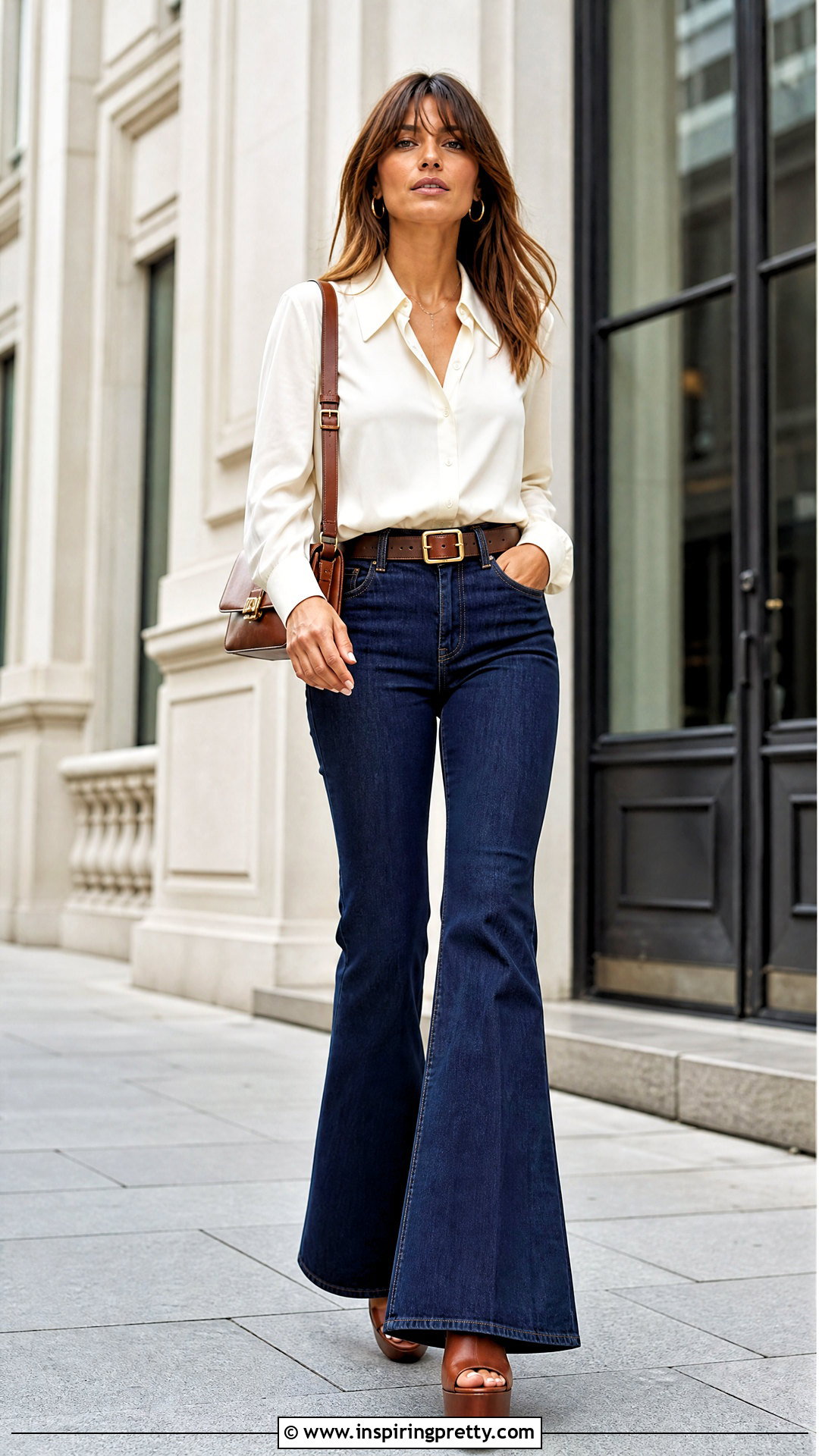 Silk Shirt With Flared Jeans - 50 silk tops outfit ideas