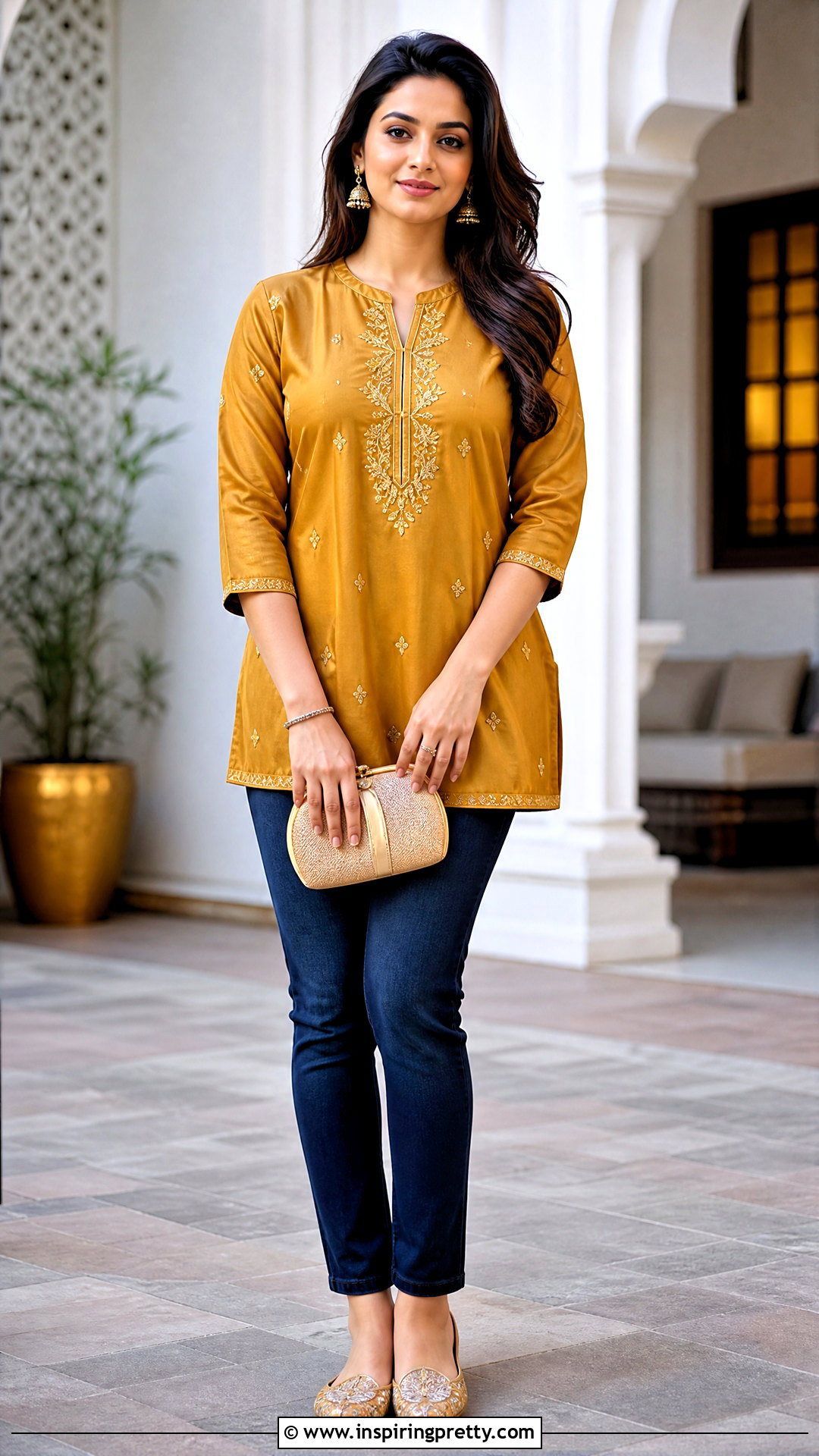 Silk Short Kurti With Dark Jeans - 50 jeans tops indian styles