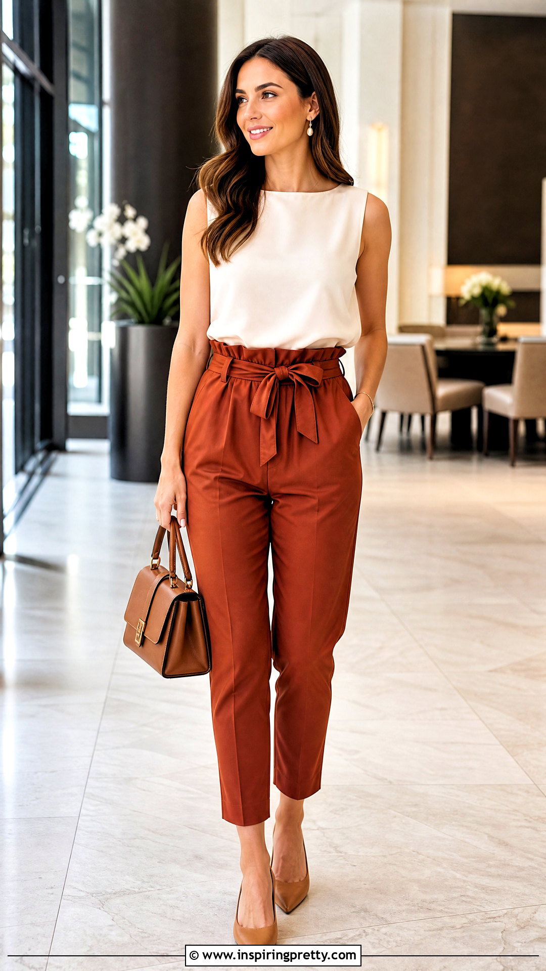 Silk Top With Paperbag Waist Pants - 50 silk tops outfit ideas