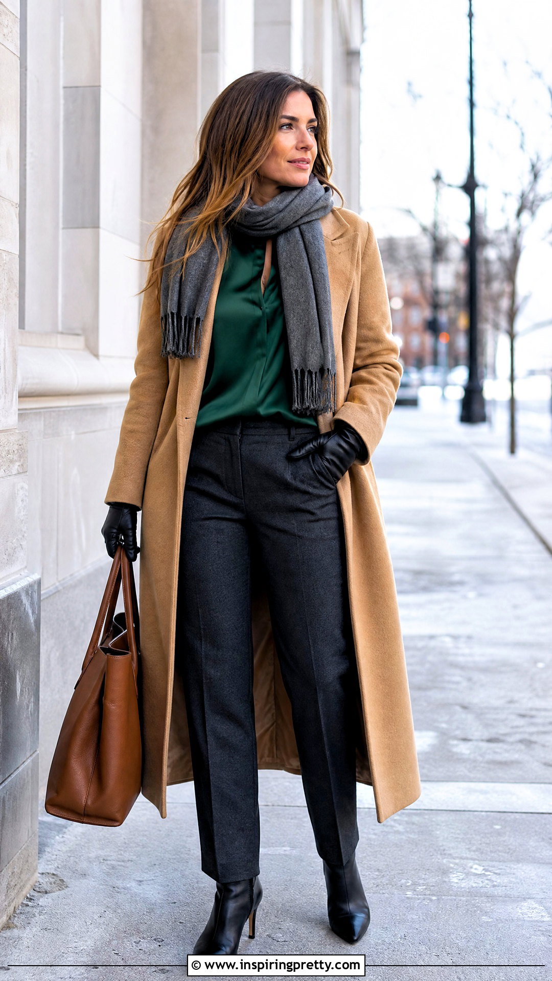Silk Top With Wool Trousers And Long Coat - 50 silk top outfit ideas