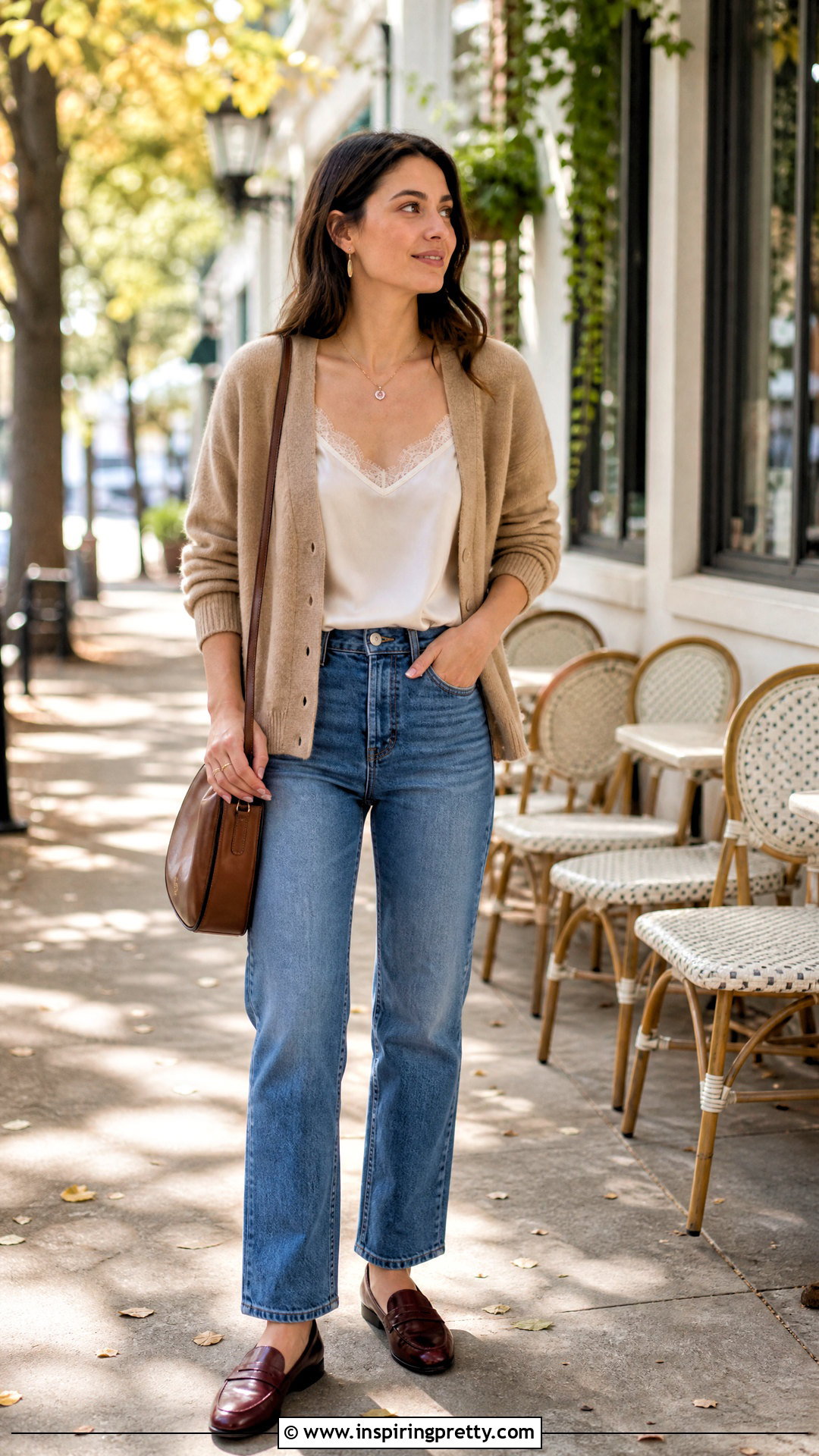 Silk Top With a Cardigan and Jeans - 50 silk tops outfit ideas