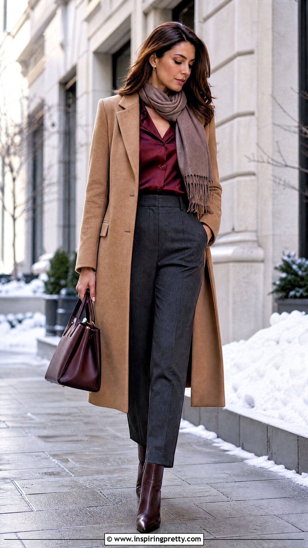 Silk Top With a Long Wool Coat - 50 silk tops outfit ideas