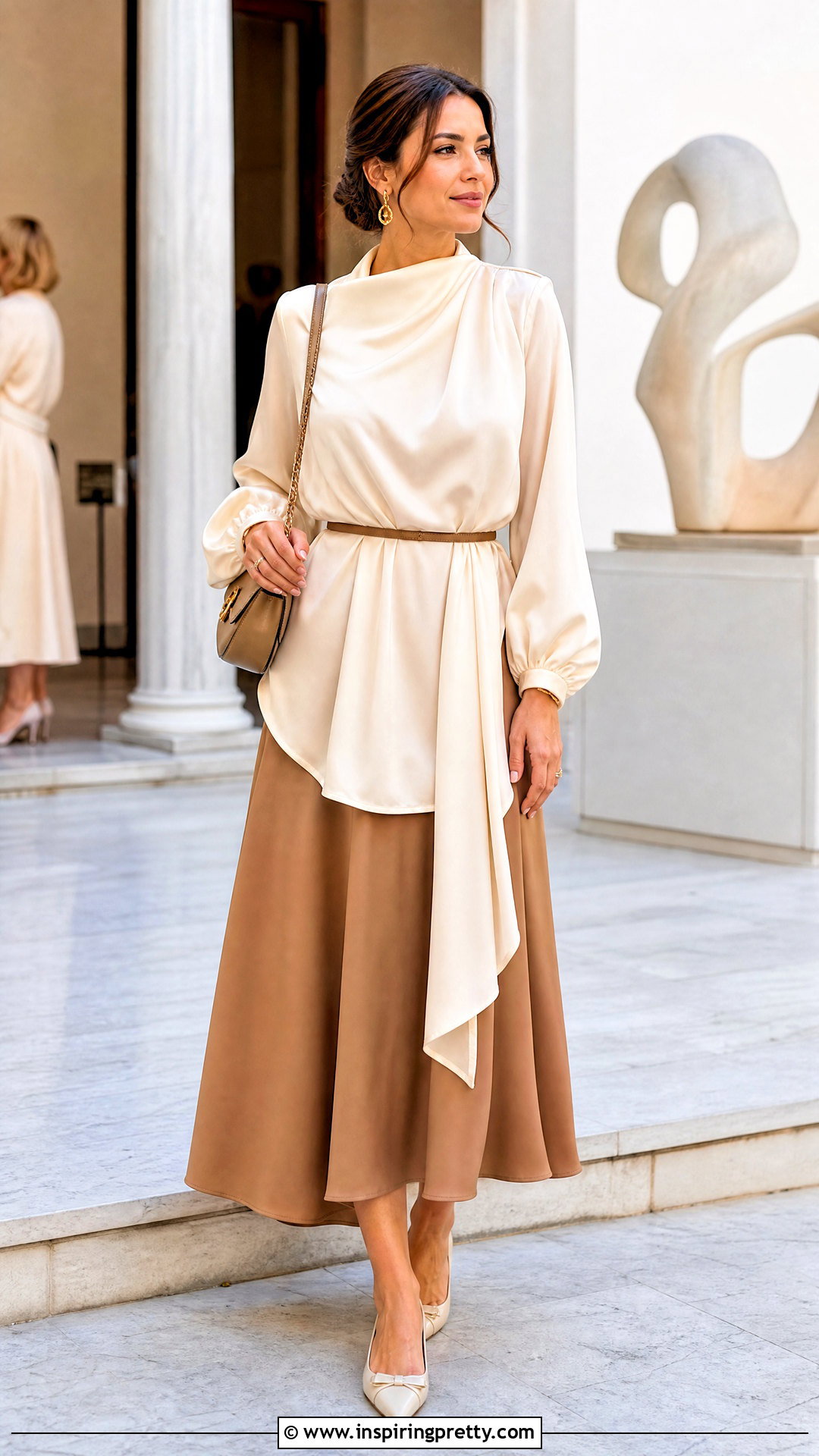 Silk Tunic With Midi Skirt - 50 tunic tops outfit ideas