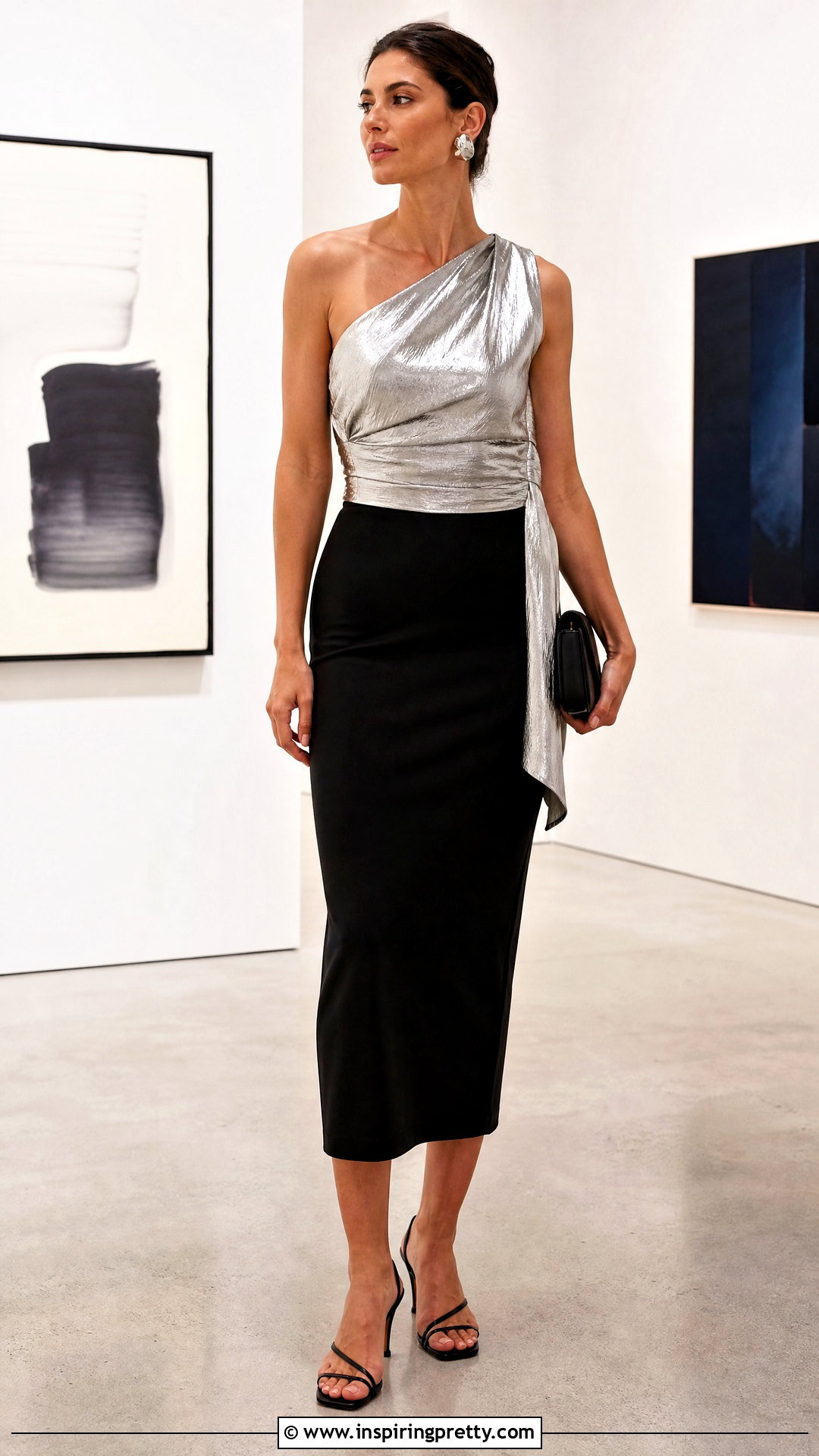 Silver Asymmetrical Top With Black Column Skirt - 50 silver top outfit ideas