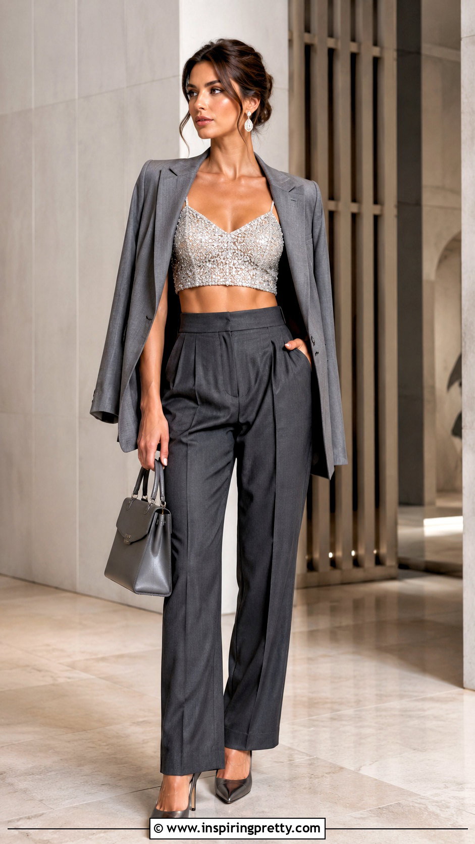 Silver Beaded Crop Top With Gray Pleated Trousers - 20 Silver Beaded Crop Top outfit ideas