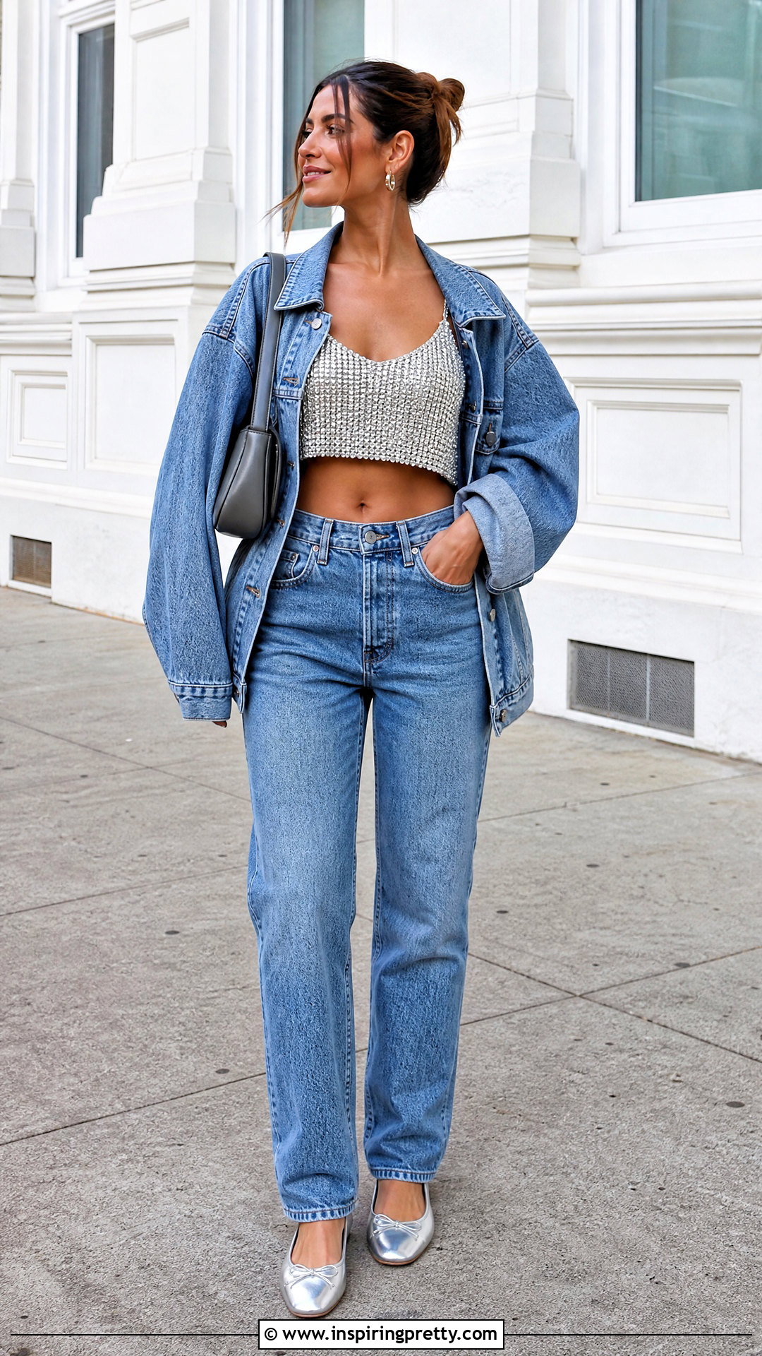 Silver Beaded Crop Top With High Waisted Jeans - 20 Silver Beaded Crop Top outfit ideas
